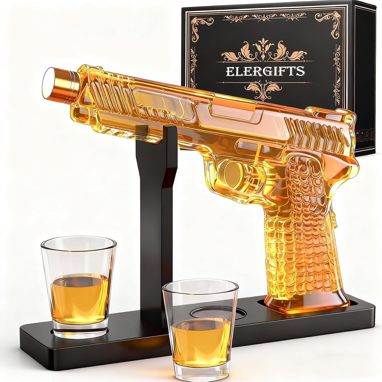 Aldernest Gifts for Men Dad, 10.5oz/300ML Gun Whiskey Decanter Set with Shot Glass, 16 ounces, Gun Decanter Set