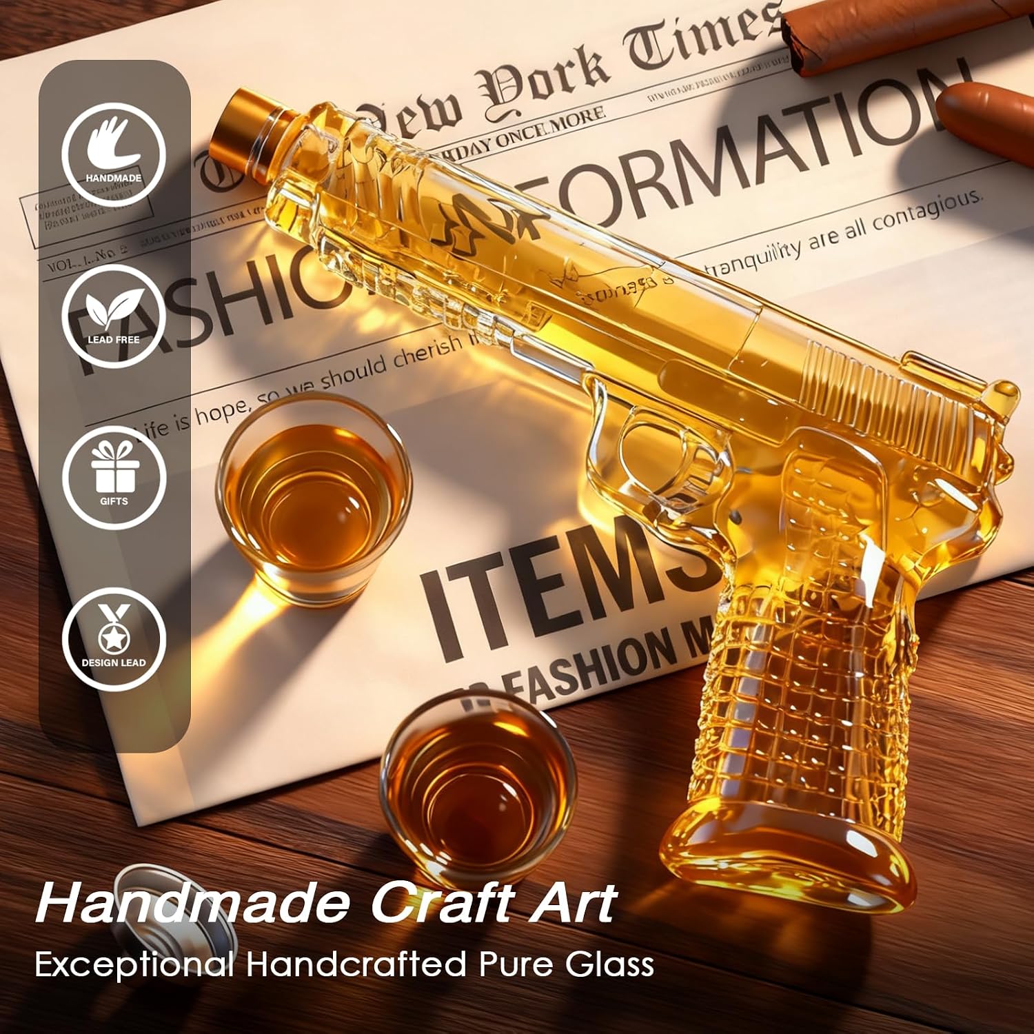 Aldernest Gifts for Men Dad, 10.5oz/300ML Gun Whiskey Decanter Set with Shot Glass, 16 ounces, Gun Decanter Set
