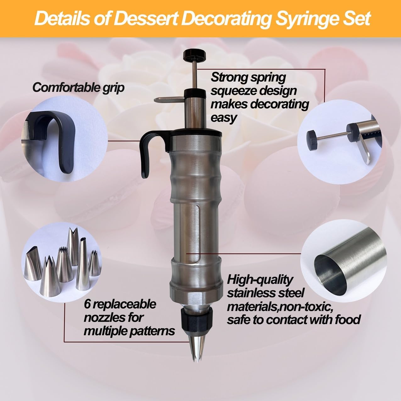Aldernest Dessert Decorating Syringe Set, Cake Decorating Tool, 6 Piping Icing Nozzles, Silver & Black