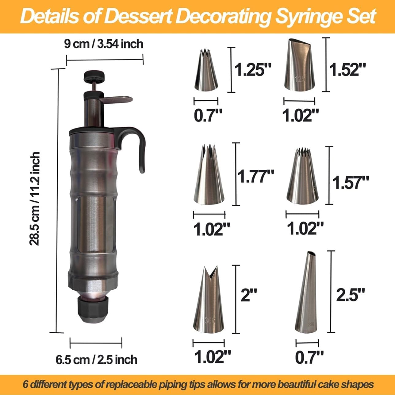 Aldernest Dessert Decorating Syringe Set, Cake Decorating Tool, 6 Piping Icing Nozzles, Silver & Black