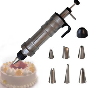 Aldernest Dessert Decorating Syringe Set, Cake Decorating Tool, 6 Piping Icing Nozzles, Silver & Black