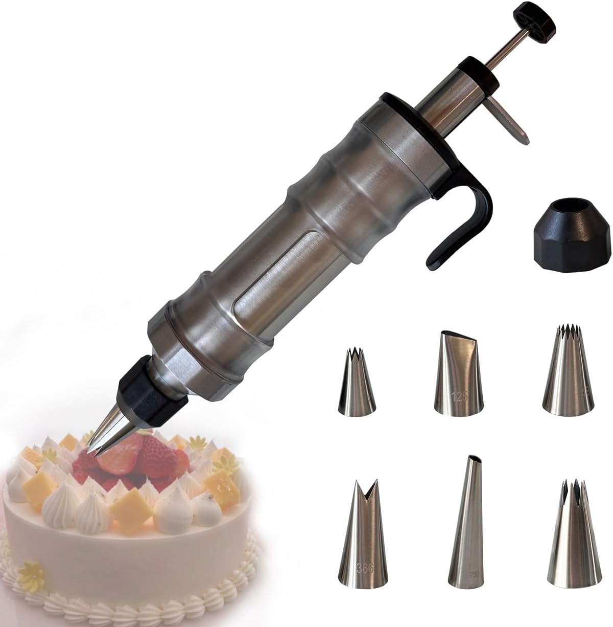 Aldernest Dessert Decorating Syringe Set, Cake Decorating Tool, 6 Piping Icing Nozzles, Silver & Black