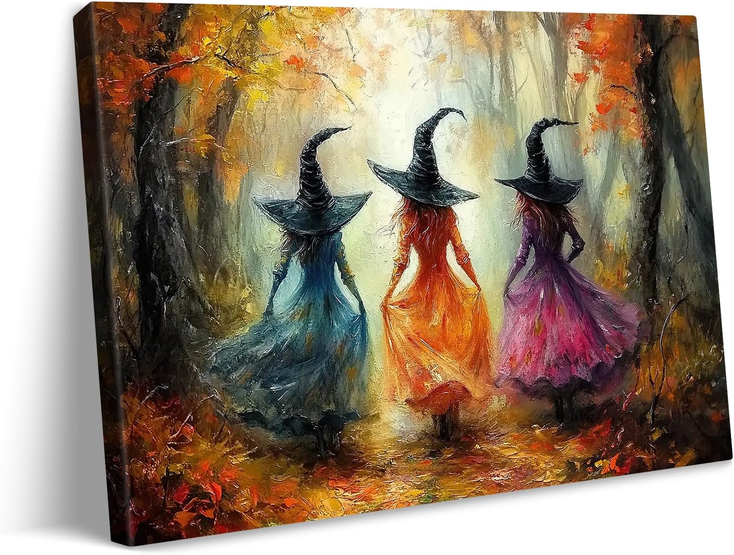 Aldernest Retro Witches Gathering Canvas Wall Art Three Witches in Colorful Wizard Robes Walking in The Autumn Forest Horror Gothic Themed Artwork