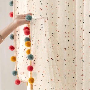 Ashenby Boho Rainbow Sheer Curtain with Colorful Pom Voile Drapes Faux Linen, 16 ounces, White, 2 Count