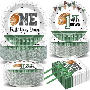 Barleyfield 96PCS Football 1st Birthday Party Tableware Set 1st Year Down Plates and Napkins It's Game Time First Year Down Decorations for Kids Boys