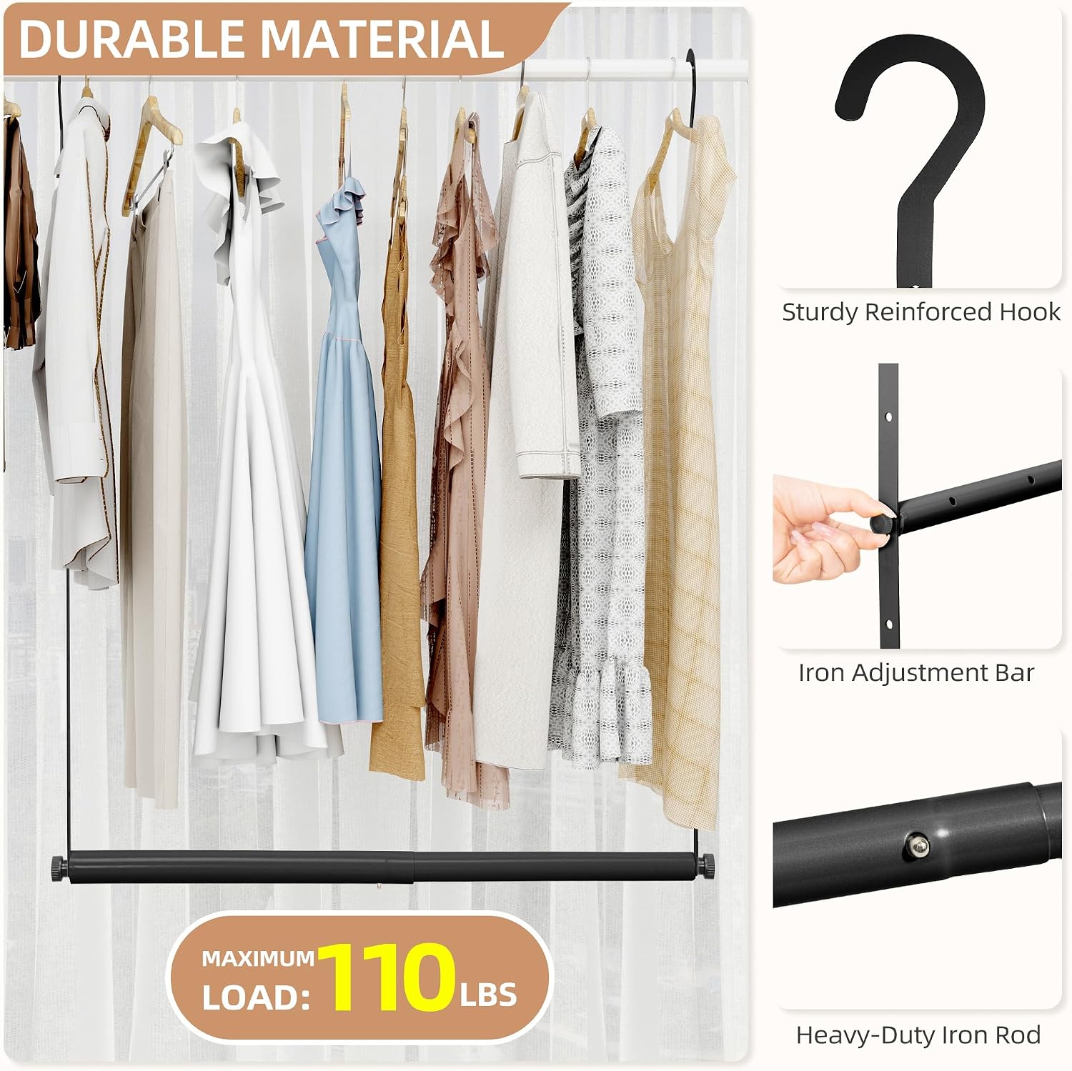 Ashenby Adjustable Closet Rod for Hanging Clothes, 2 Pack Black, 1.8 kg