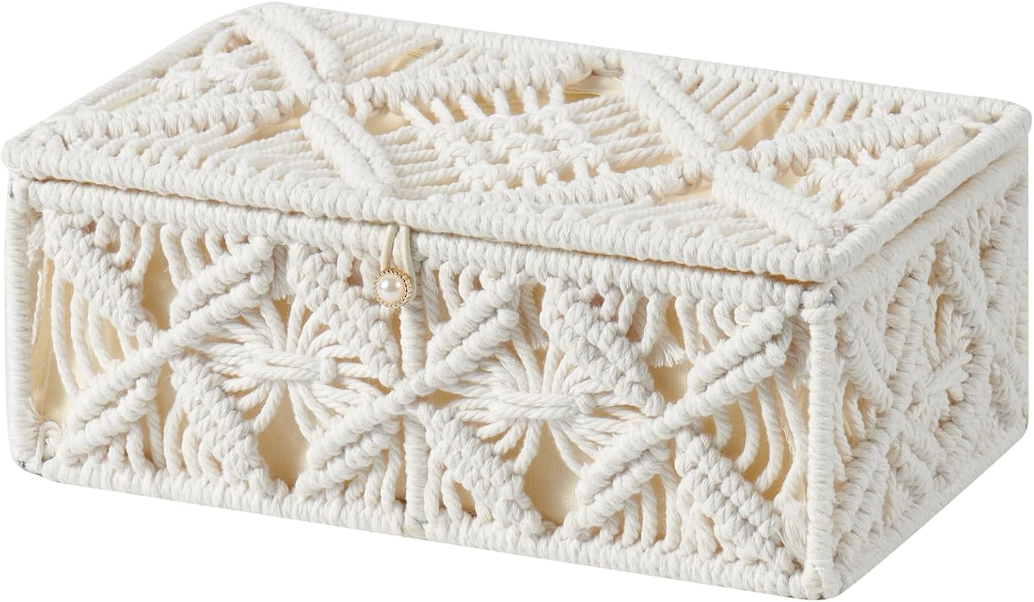 Aldernest Decorative Boho Storage Baskets with Lid Natural Macrame Boxes, 0.54 kg, Off White