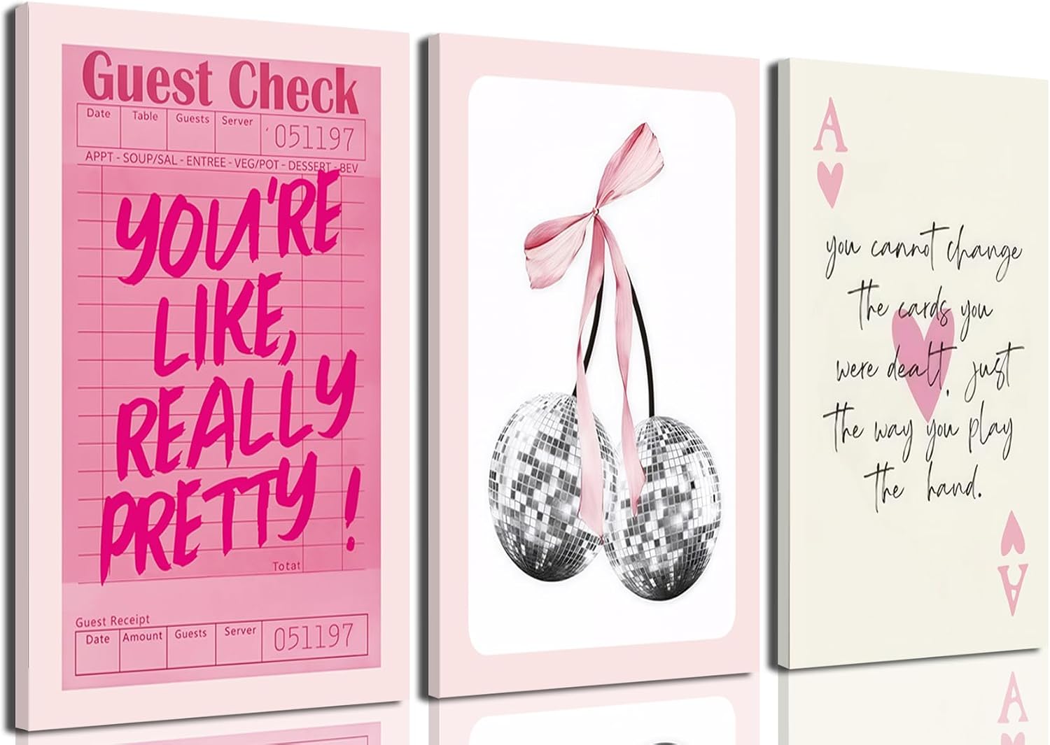Aldernest Pink Preppy Wall Art Framed Set of 3 Trendy Coquette Disco Cherry Posters Retro Guest Check Canvas Prints Poker Painting Positive Quote