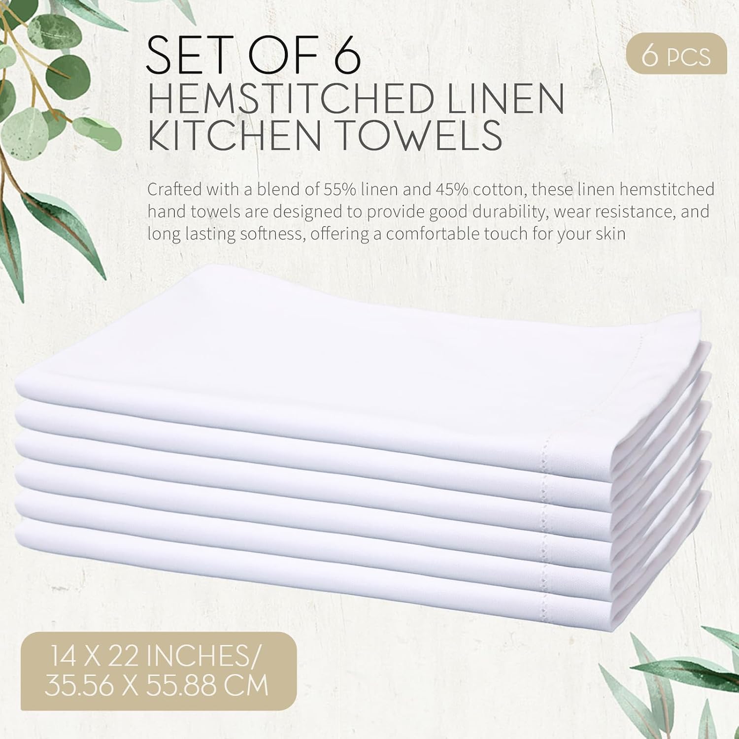 Birchmont 6 Pcs 14" x 22" White Linen Hemstitched Hand Towel Linen Tea Towels for Embroidery Dish Towels for Bathroom Kitchen Home, 11.52 ounces