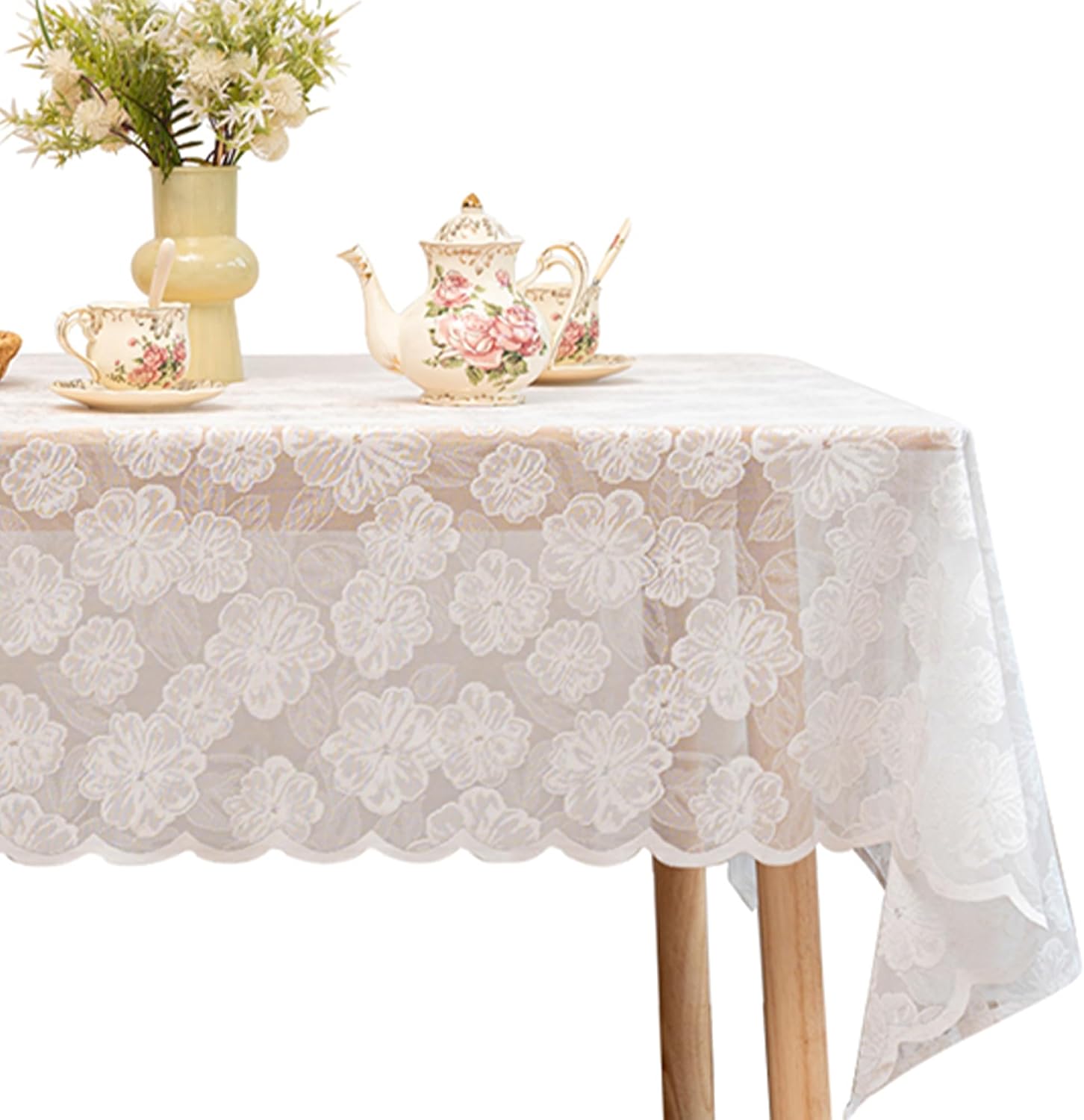 Aldernest White Lace Tablecloth 60 X 120 Inches Rectangle Camellia Flower Embroidered Wedding Table Cloths for Outdoor Party Reception, Dinner Party