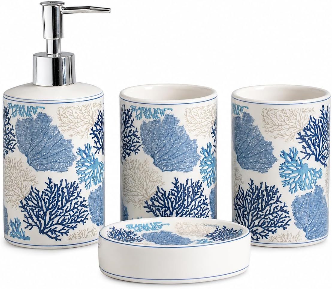 Aldernest 4-Piece Ceramic Bathroom Accessory Set, 2 pounds, Blue and White