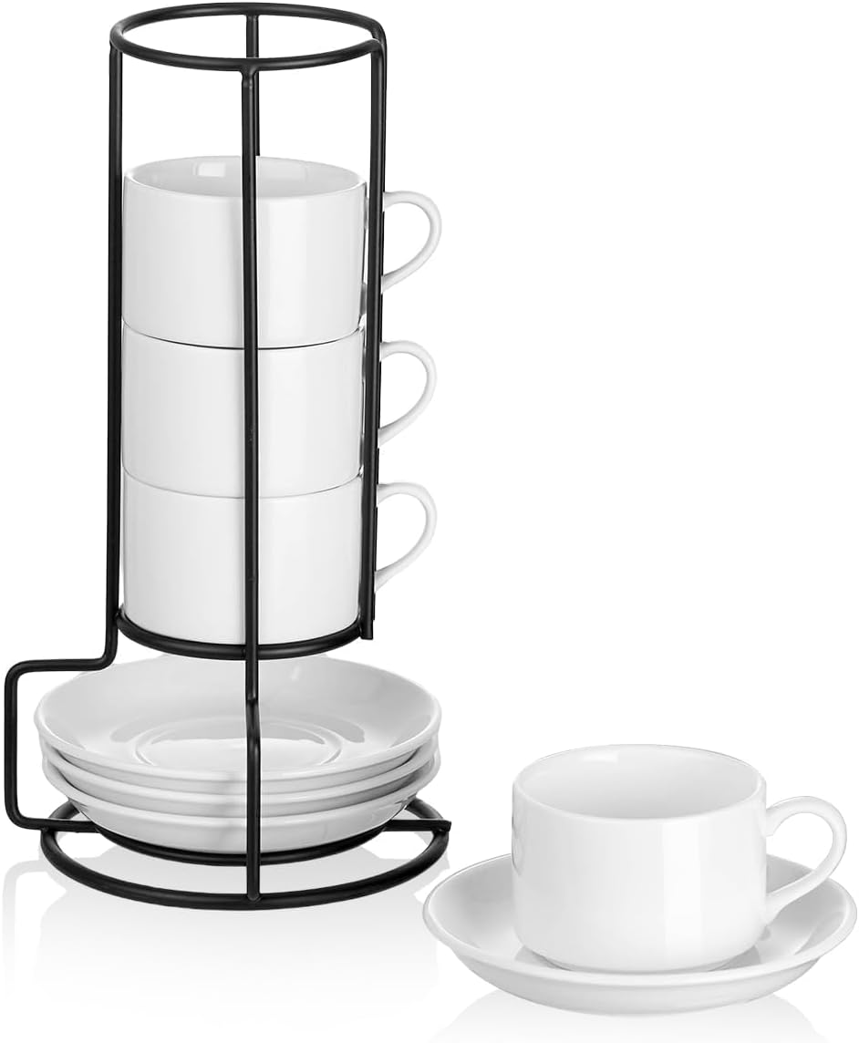 Aldernest 2.5 OZ Porcelain Stackable Espresso Cups and Metal Stand Set of 4, 1.12 kg, White