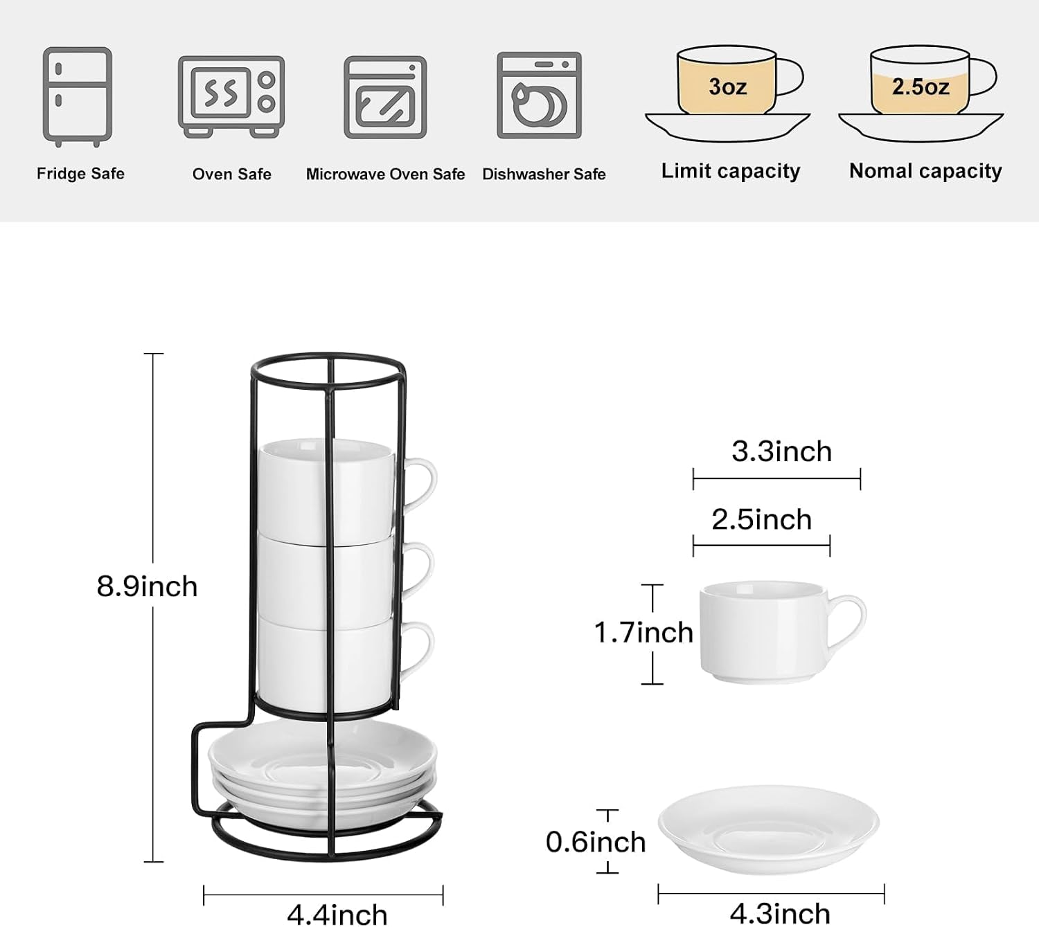 Aldernest 2.5 OZ Porcelain Stackable Espresso Cups and Metal Stand Set of 4, 1.12 kg, White