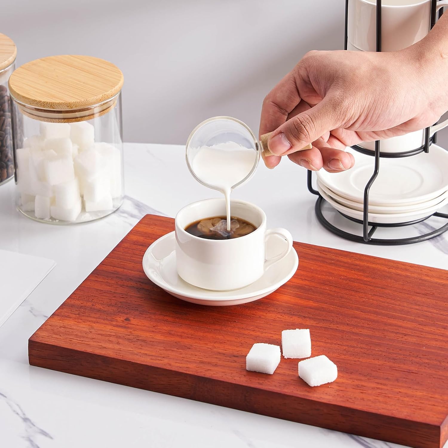 Aldernest 2.5 OZ Porcelain Stackable Espresso Cups and Metal Stand Set of 4, 1.12 kg, White