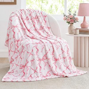 Ashenby Pink Bow Throw Blanket 50"x60" Soft Flannel for Girls Women, 1.4 pounds