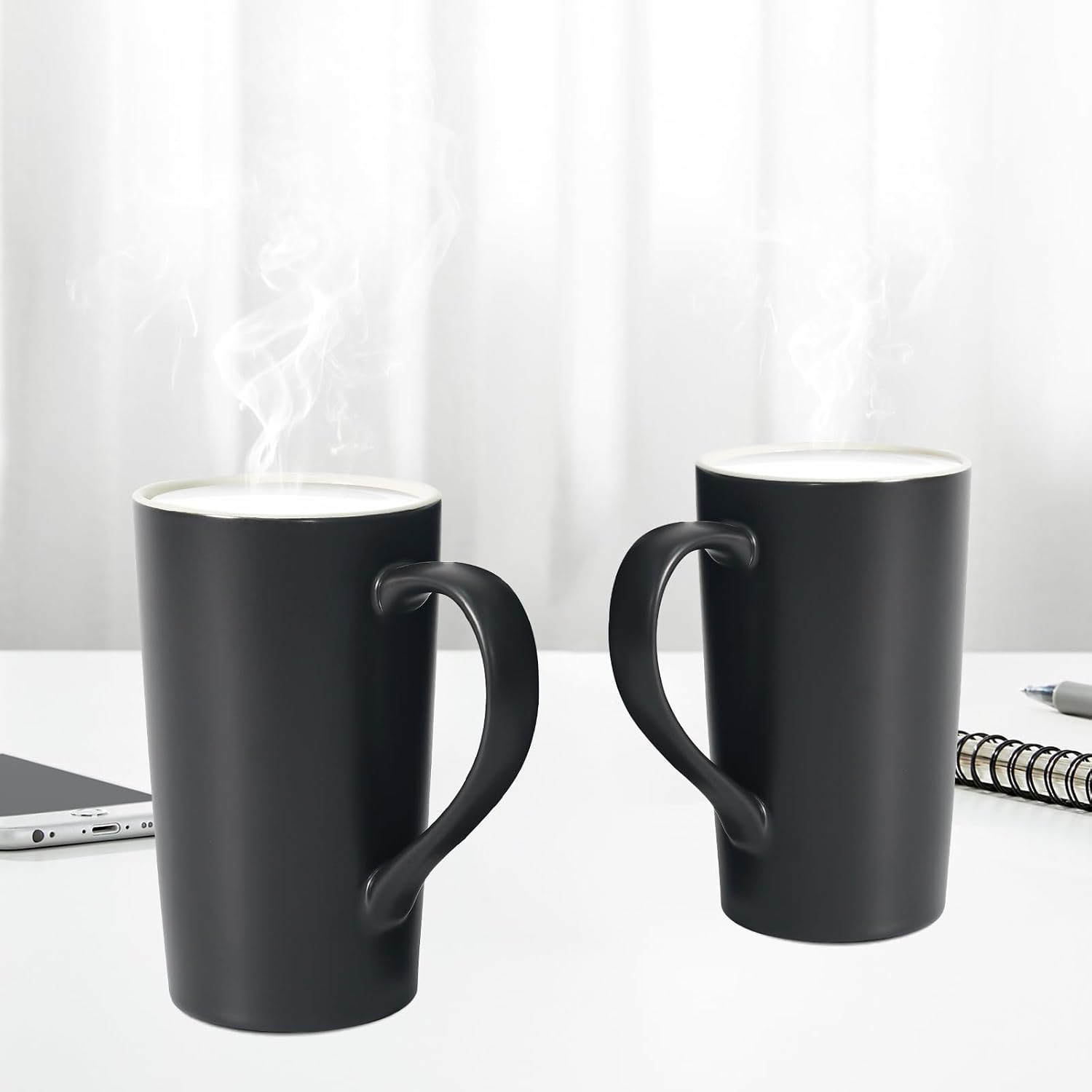 Ashenby 20 OZ Large Ceramic Coffee Mug Simple Pure Black Mug Set of 2 Plain Tall Milk Tea Coffee cups with Handle for Office Home as A Gift for Dad