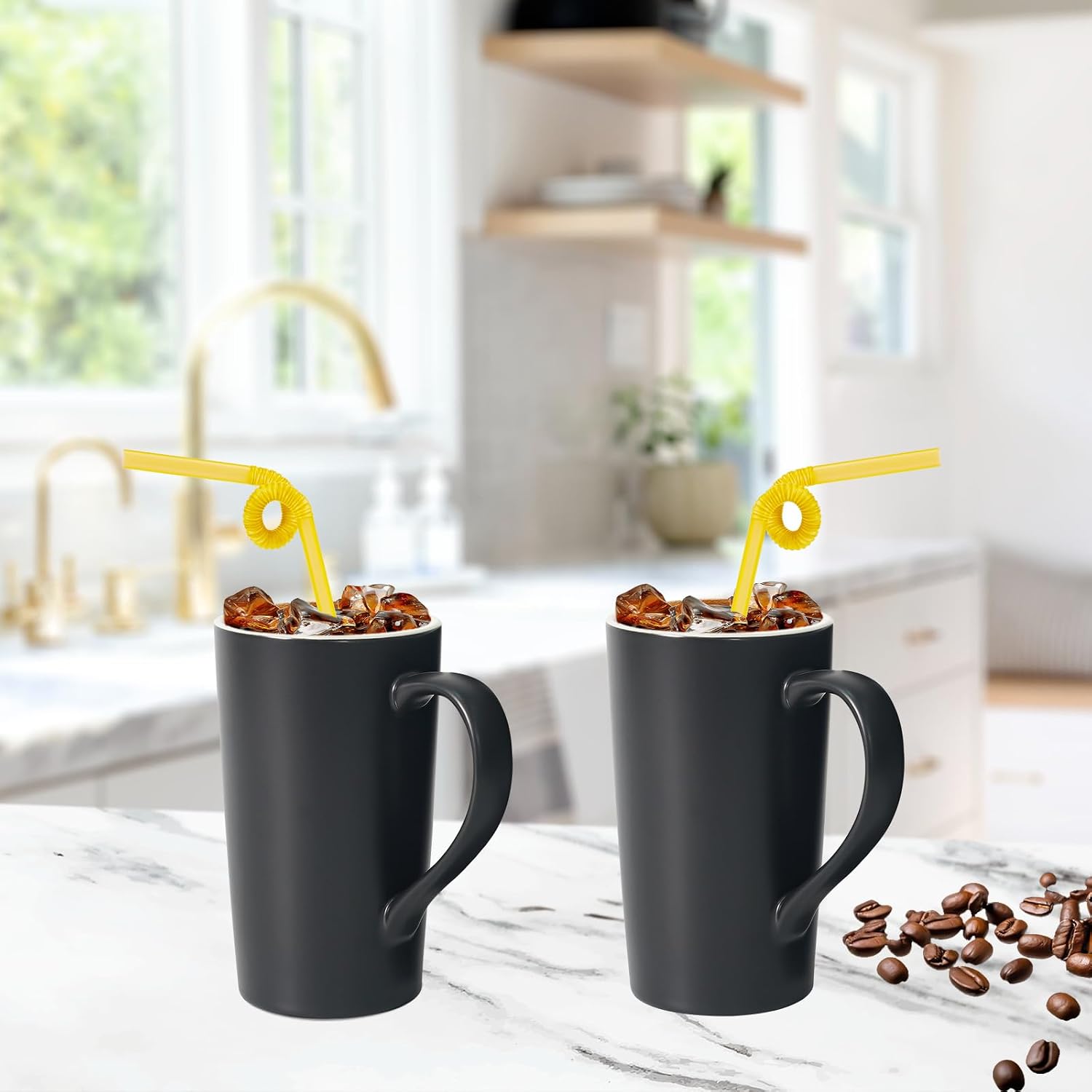Ashenby 20 OZ Large Ceramic Coffee Mug Simple Pure Black Mug Set of 2 Plain Tall Milk Tea Coffee cups with Handle for Office Home as A Gift for Dad
