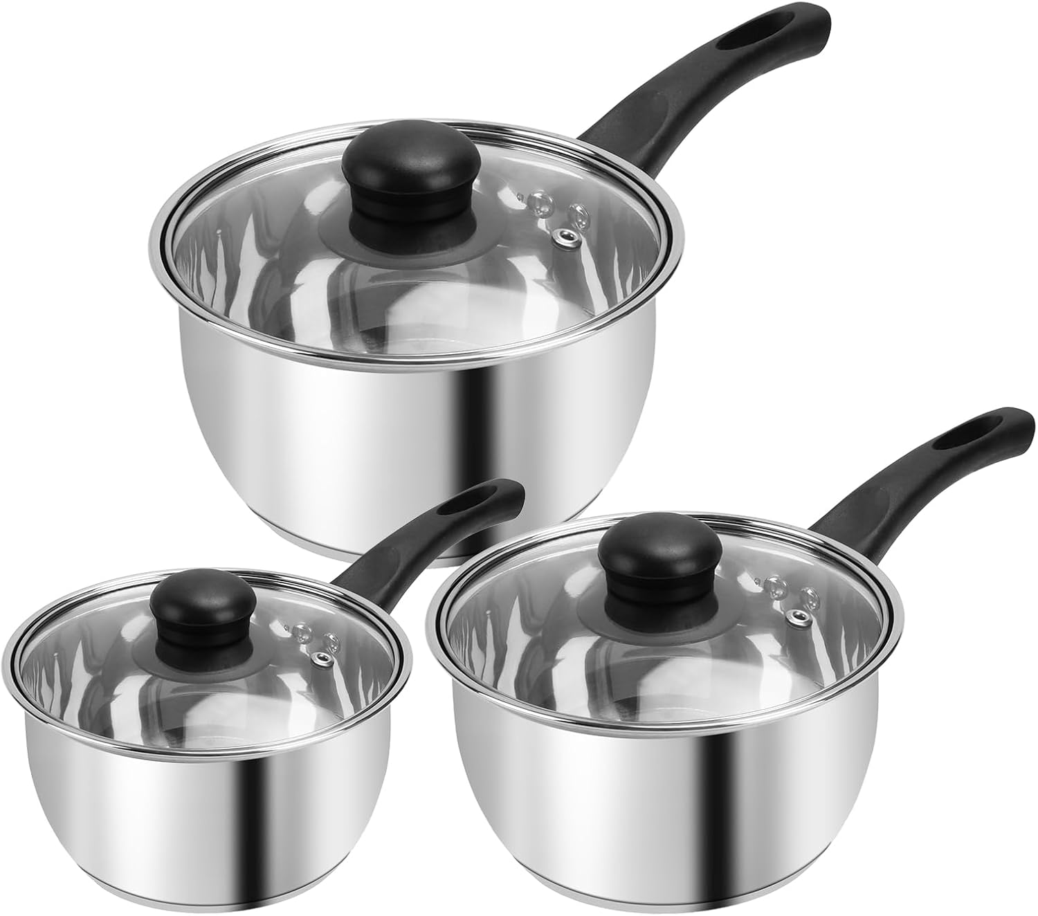 Aldernest Stainless Steel Pot Set with Lid 6pcs, Sauce Pans 1QT & 2QT & 3QT Set, 7.9, Silver