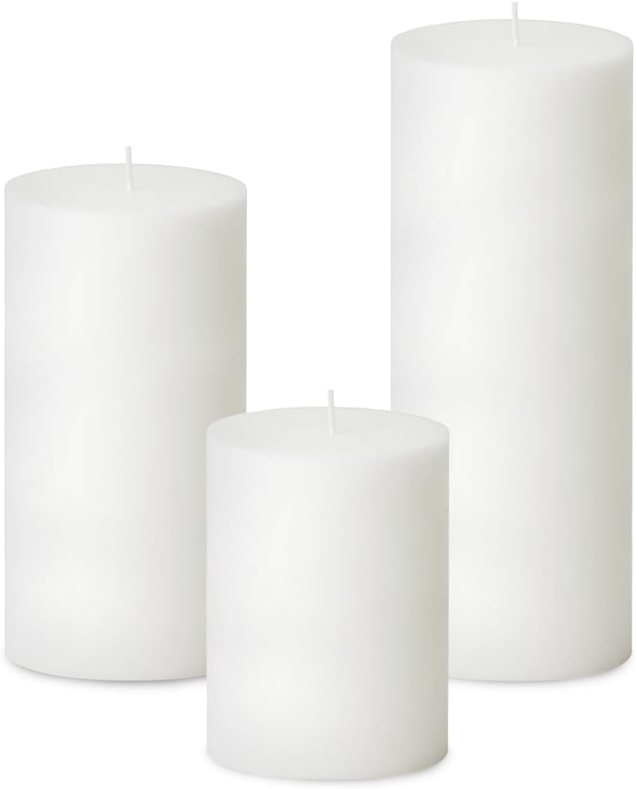 Tanglewick 3 Packs Unscented Different Sizes White Pillar Candles, Dripless 3x4, 3x6, 3x4+3x6+3x8 Inch