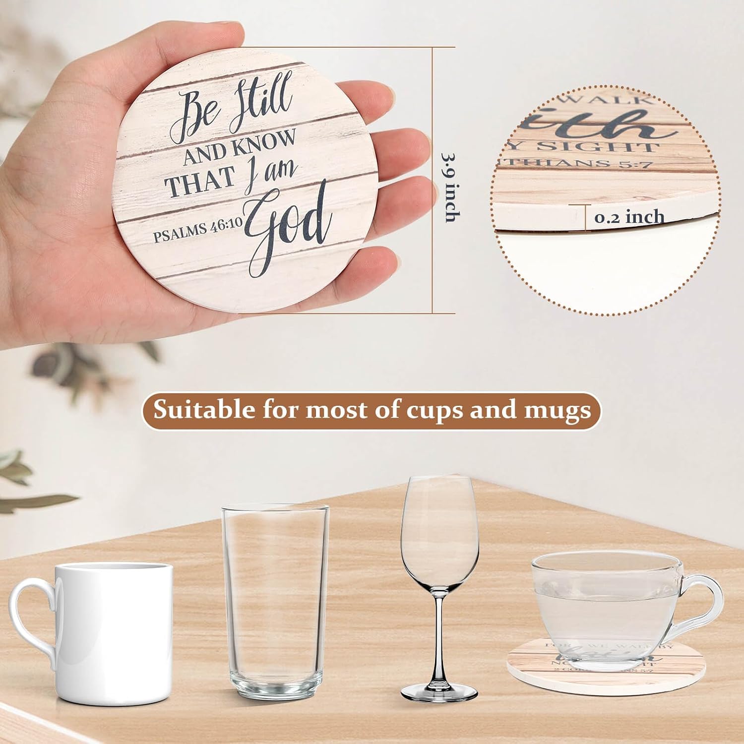 Aldernest Ceramic Coasters with Bible Verses, Christian Coasters Set of 8 with Holder, Wood Styles