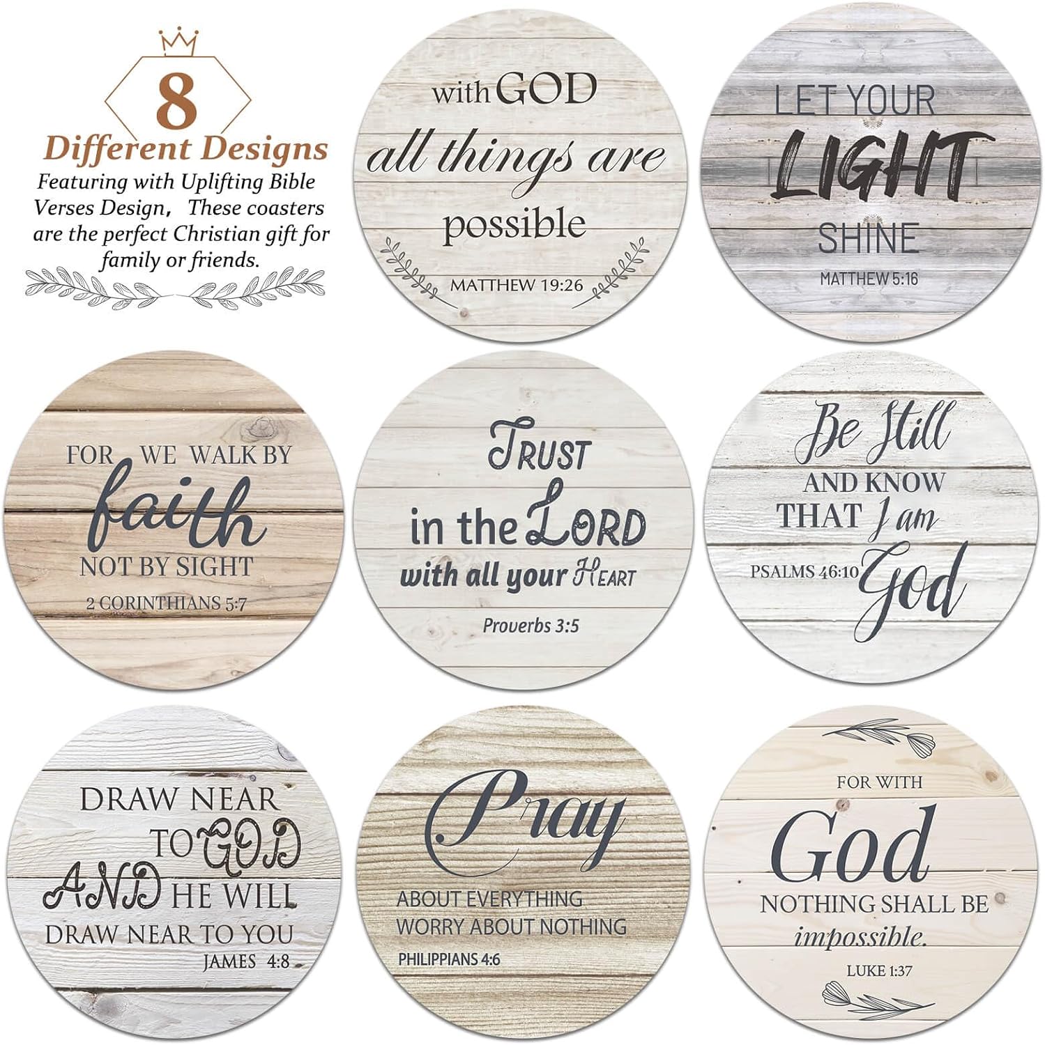 Aldernest Ceramic Coasters with Bible Verses, Christian Coasters Set of 8 with Holder, Wood Styles