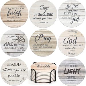 Aldernest Ceramic Coasters with Bible Verses, Christian Coasters Set of 8 with Holder, Wood Styles