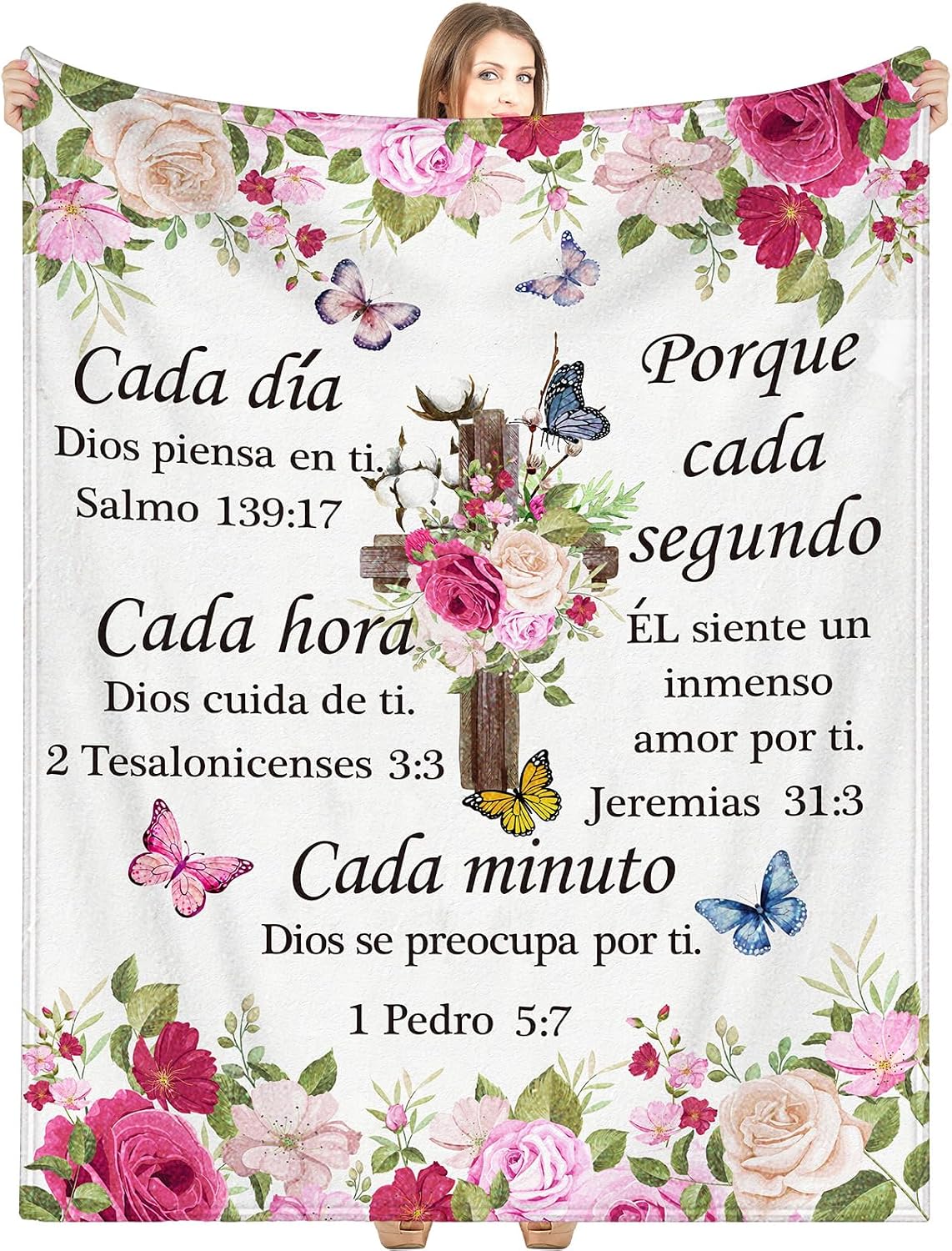 Ashenby Spanish Christian Blanket Religious Gifts Faith Bible Gifts, Pink Flower, 1.3 pounds, 50 x 60 inches, White, Pink, Red