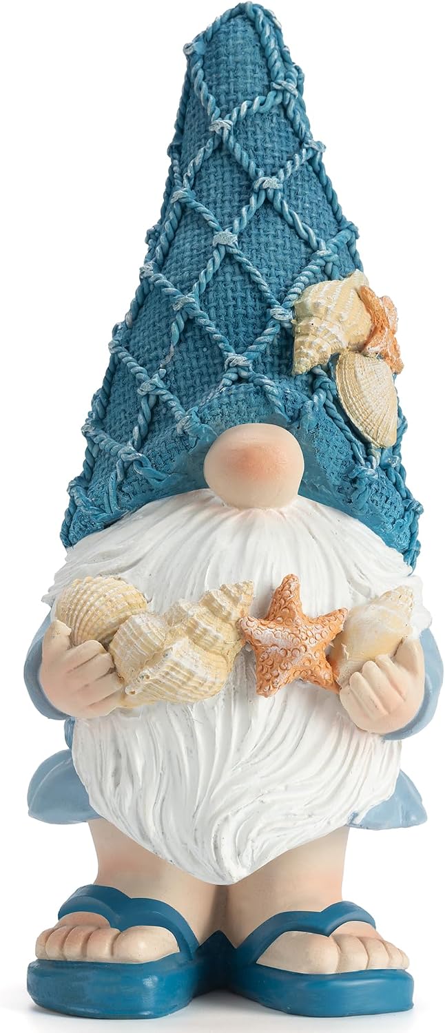 Rowanmere Beach Coastal Gnomes Statue Home Seashell Decor, 0.38 kg, 8.6 inches, Holding a Shell