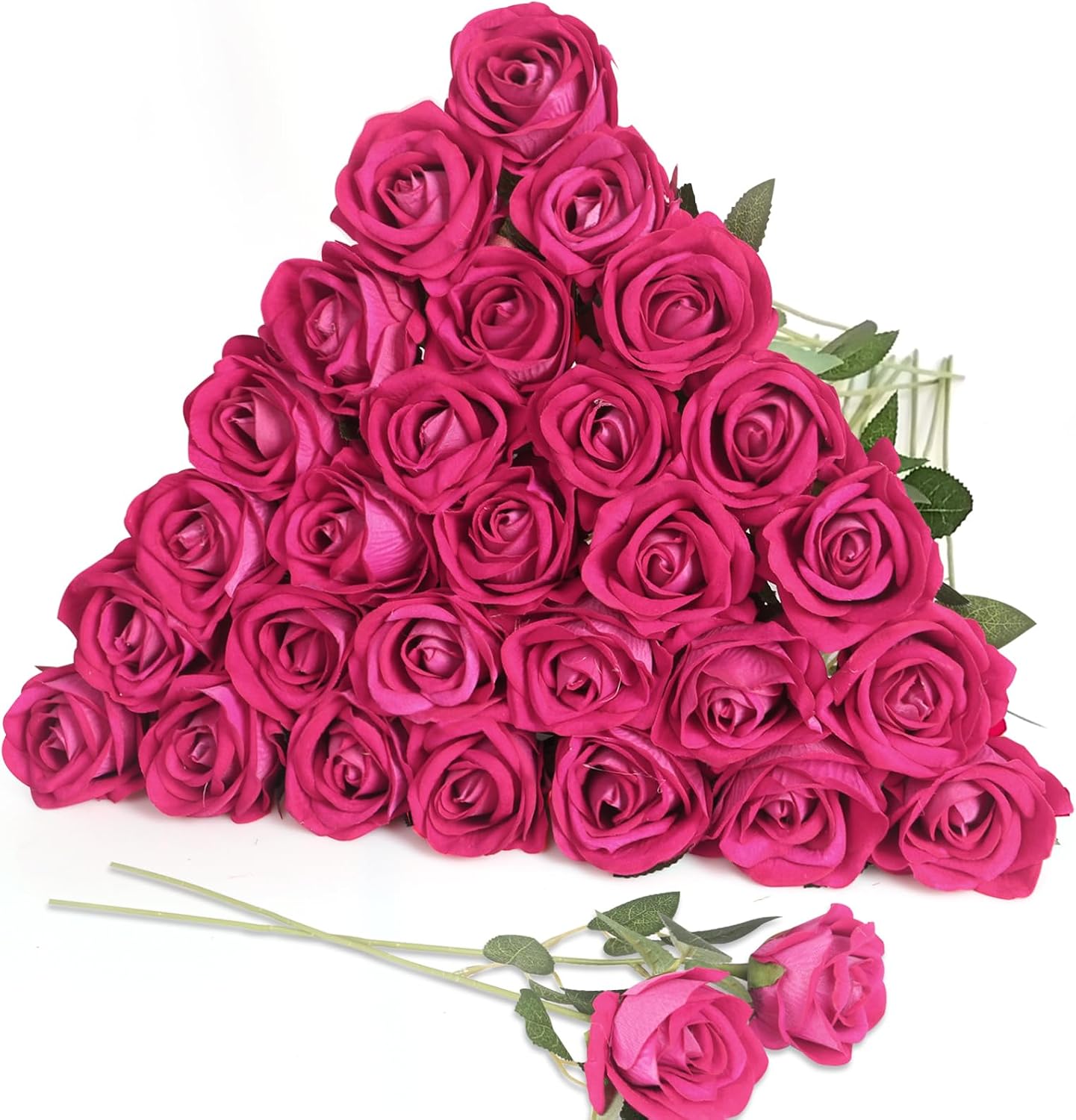 Aldernest 30pcs Silk Roses Artificial Flowers Hot Pink Fake Rose with Long Stem for Arrangement Wedding Party Home Decoration, 0.57 kg