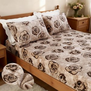Aldernest 3Pcs Velvet Fleece Fitted Sheet Full Size with Brown Floral Pattern, 16 ounces