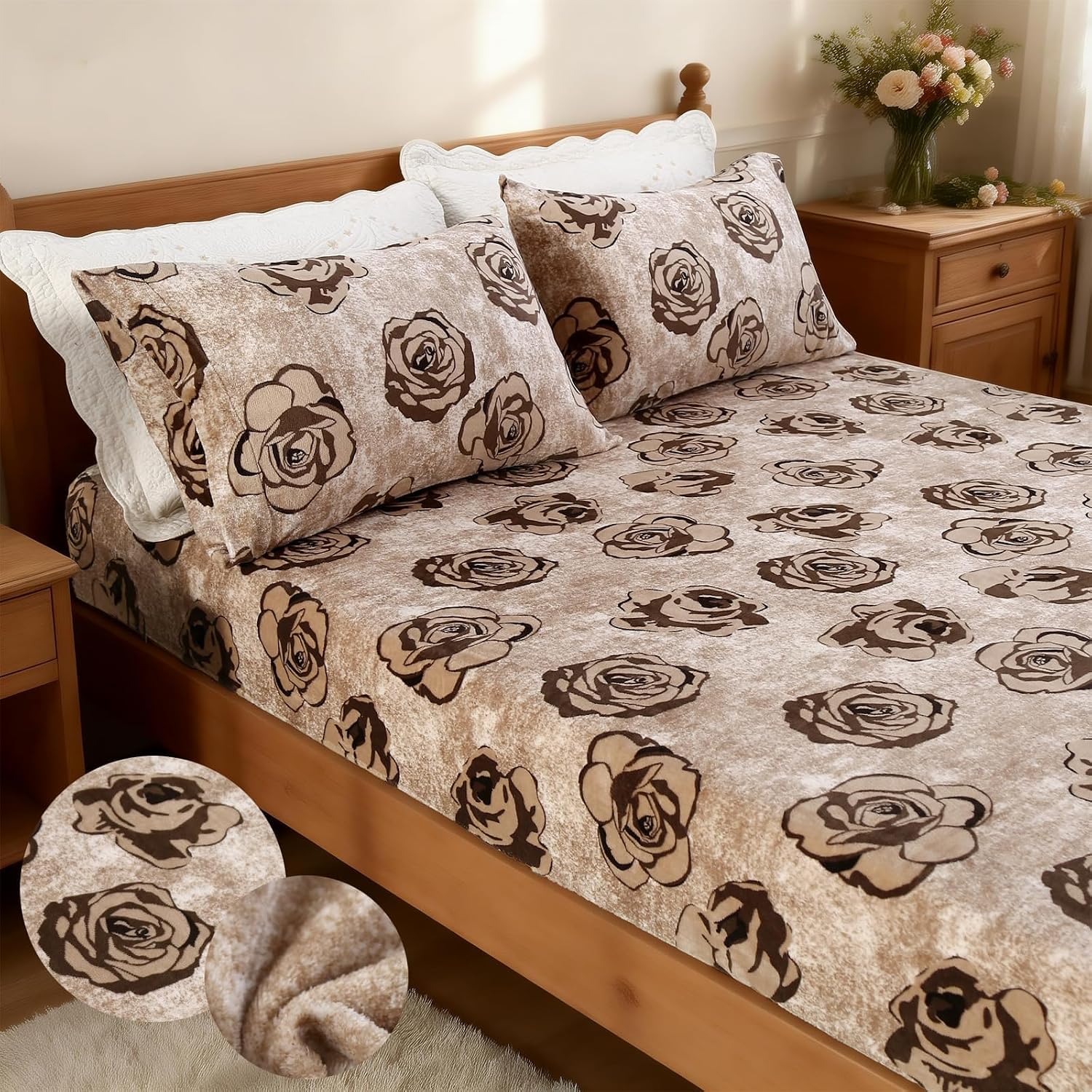 Aldernest 3Pcs Velvet Fleece Fitted Sheet Full Size with Brown Floral Pattern, 16 ounces