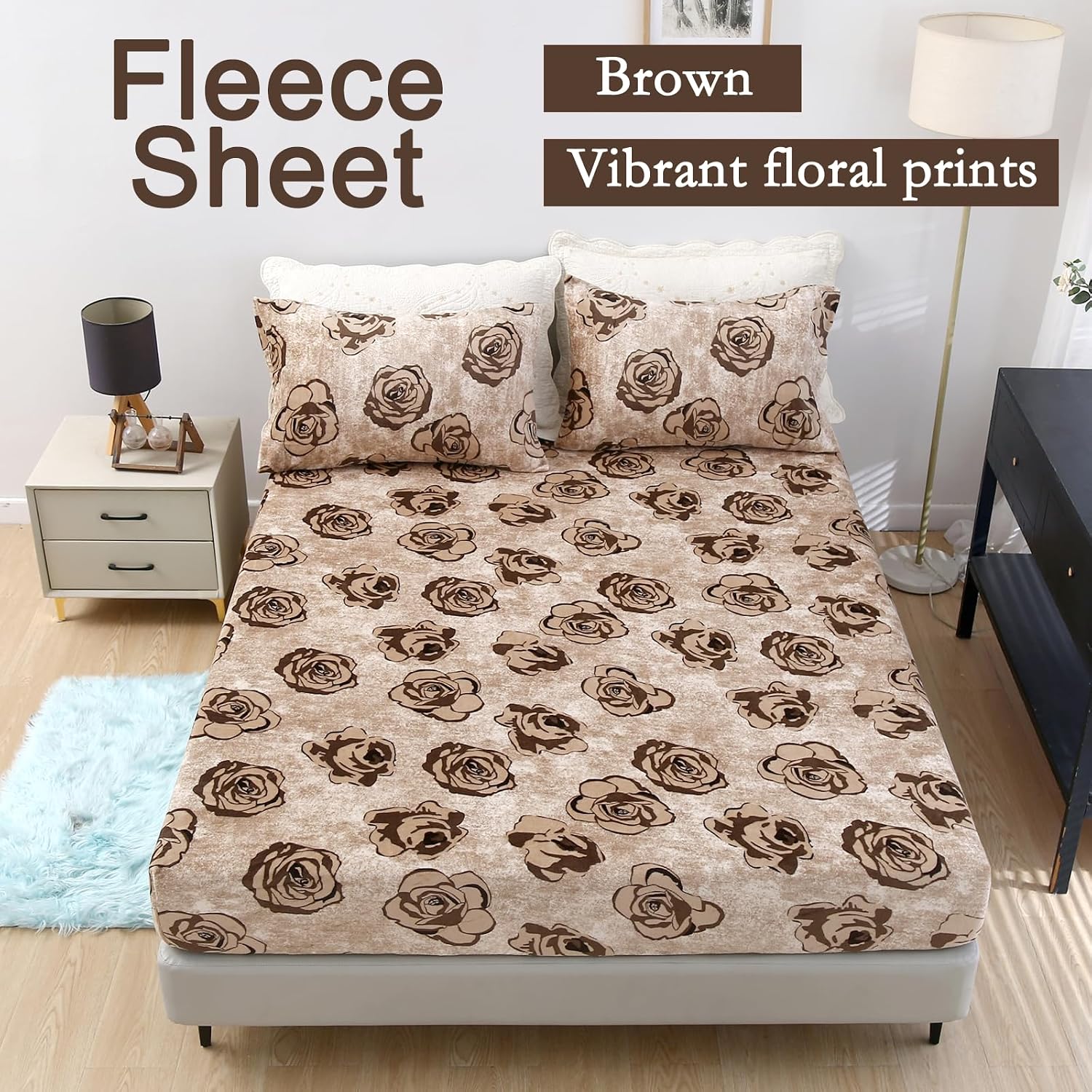 Aldernest 3Pcs Velvet Fleece Fitted Sheet Full Size with Brown Floral Pattern, 16 ounces