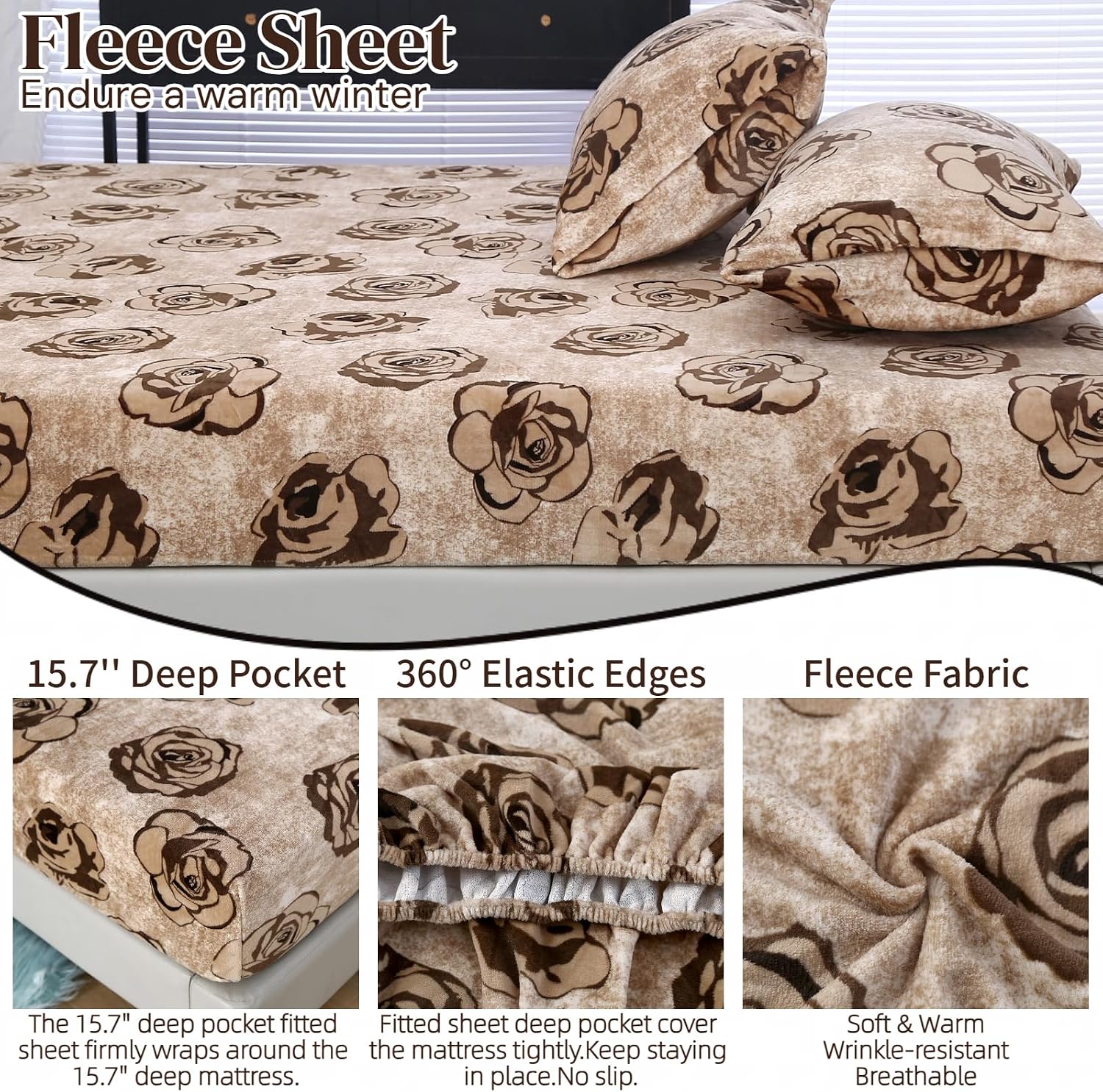 Aldernest 3Pcs Velvet Fleece Fitted Sheet Full Size with Brown Floral Pattern, 16 ounces