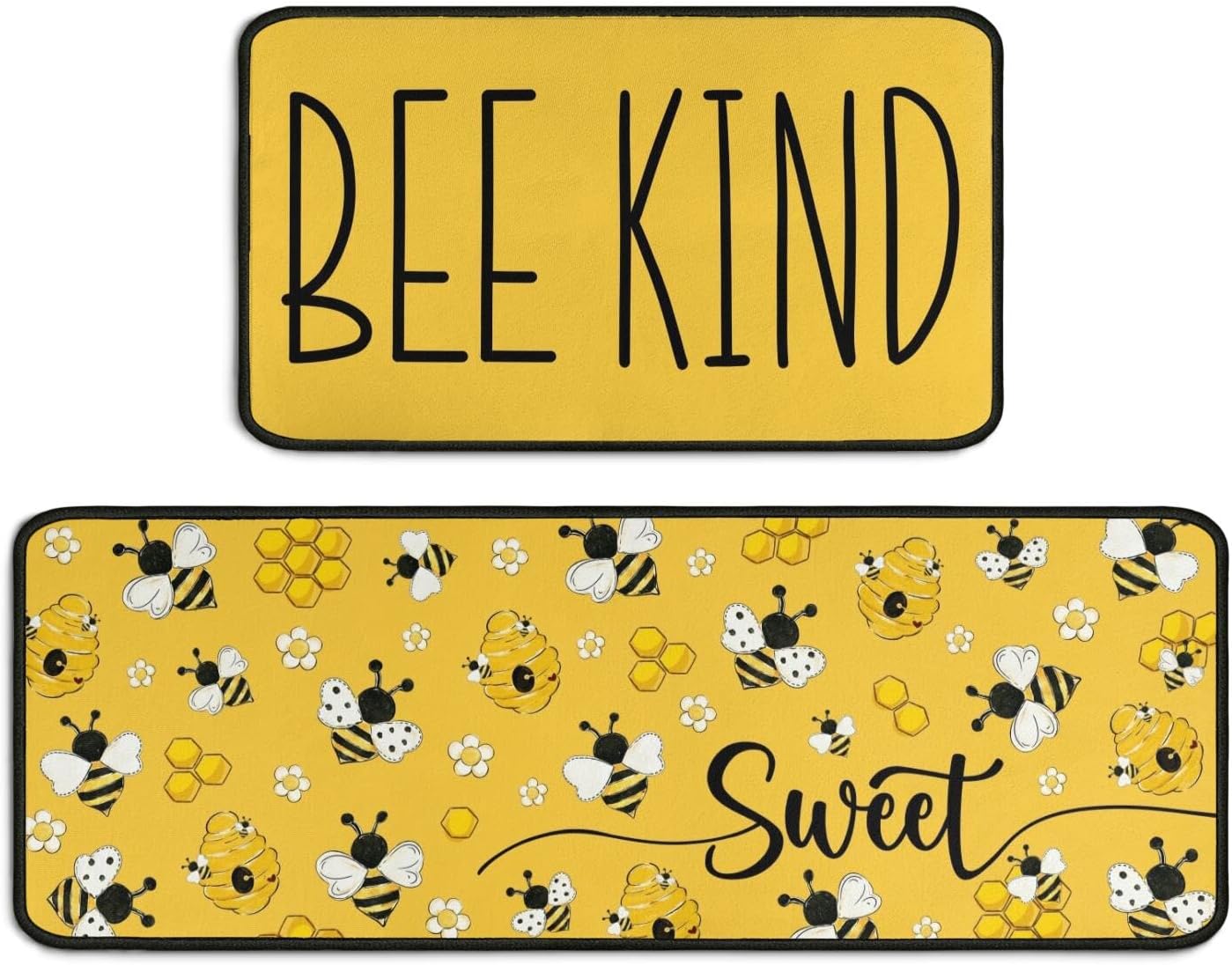 Aldernest Bee Kitchen Rugs Set of 2, Cute Summer Kitchen Mat Non-Slip Washable, 17x30+17x47 Inch, 8.93 Square Feet