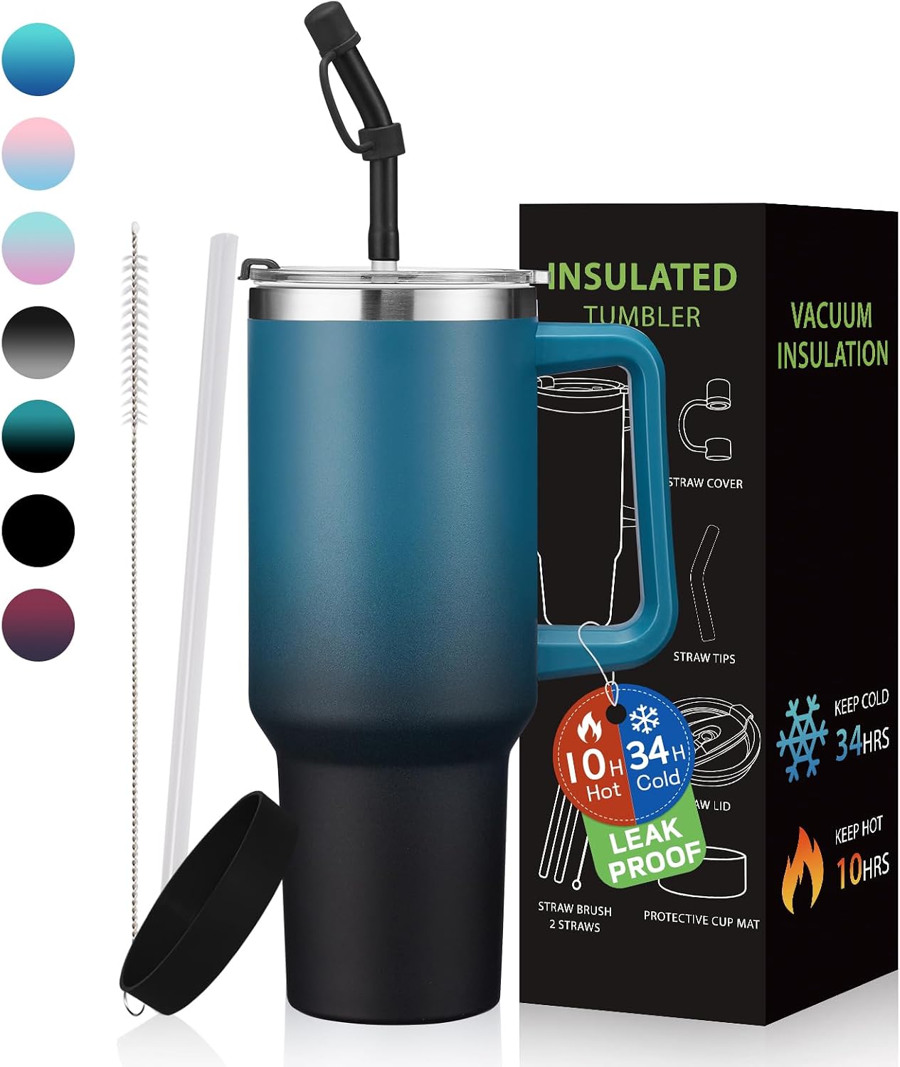 Aldernest 40 oz Tumbler With Handle Travel Coffee Mug Stainless Steel Cup with Straw, 1.2 pounds, Indigo Black