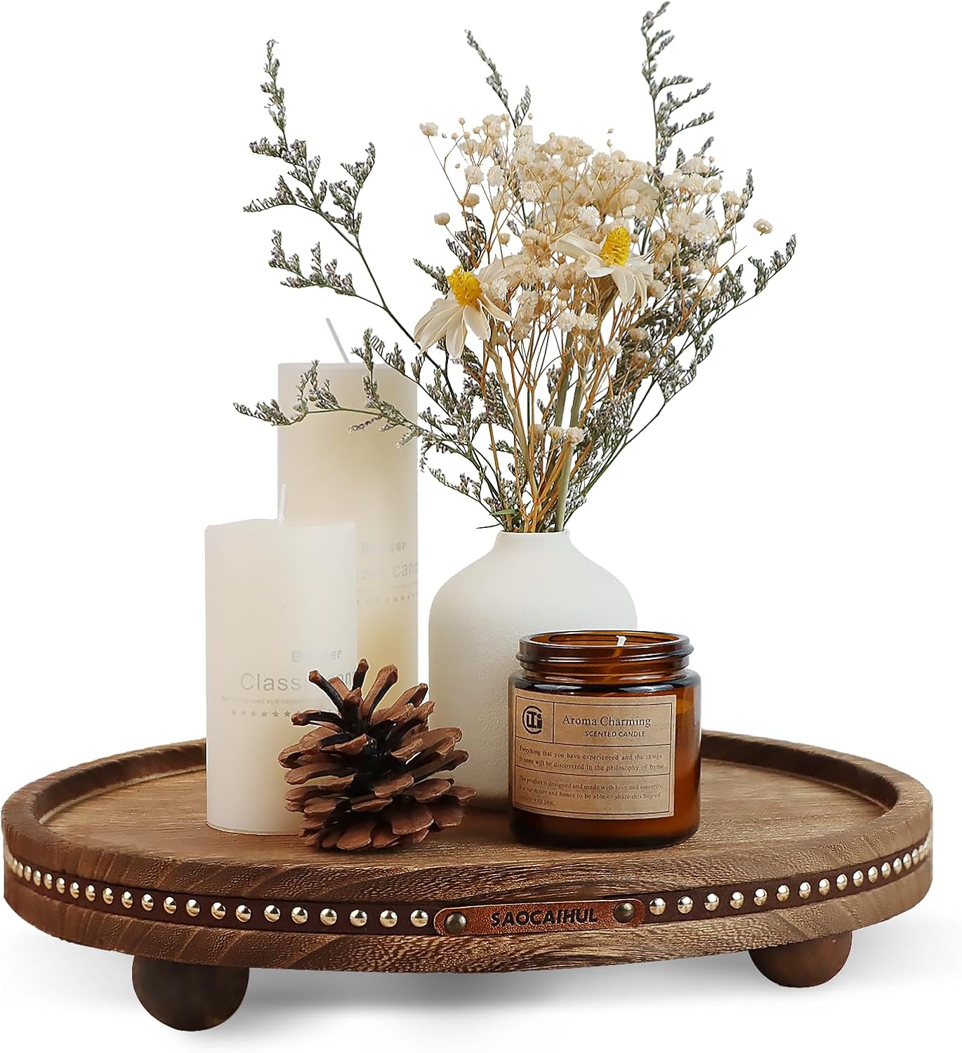 Barleyfield Round Wooden Decorative Tray Coffee Table Tray Home Decor 11.8" Rustic, 0.67 kg