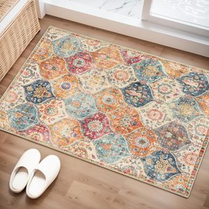 Aldernest Washable Rugs for Entryway, 2x3 Kitchen Rugs Non Slip Washable, 1.7 pounds, Burnt Orange/Teal Multi