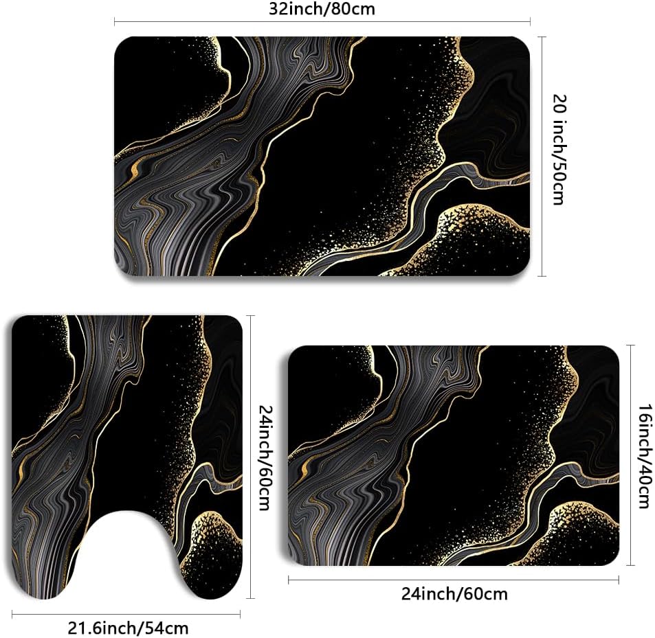Aldernest Black Gold Bathroom Rugs Sets 3 Piece Abstract Bath Mat Thin Rubber Diatomaceous Earth Quick Dry Rugs Water Absorbent Floor mat with