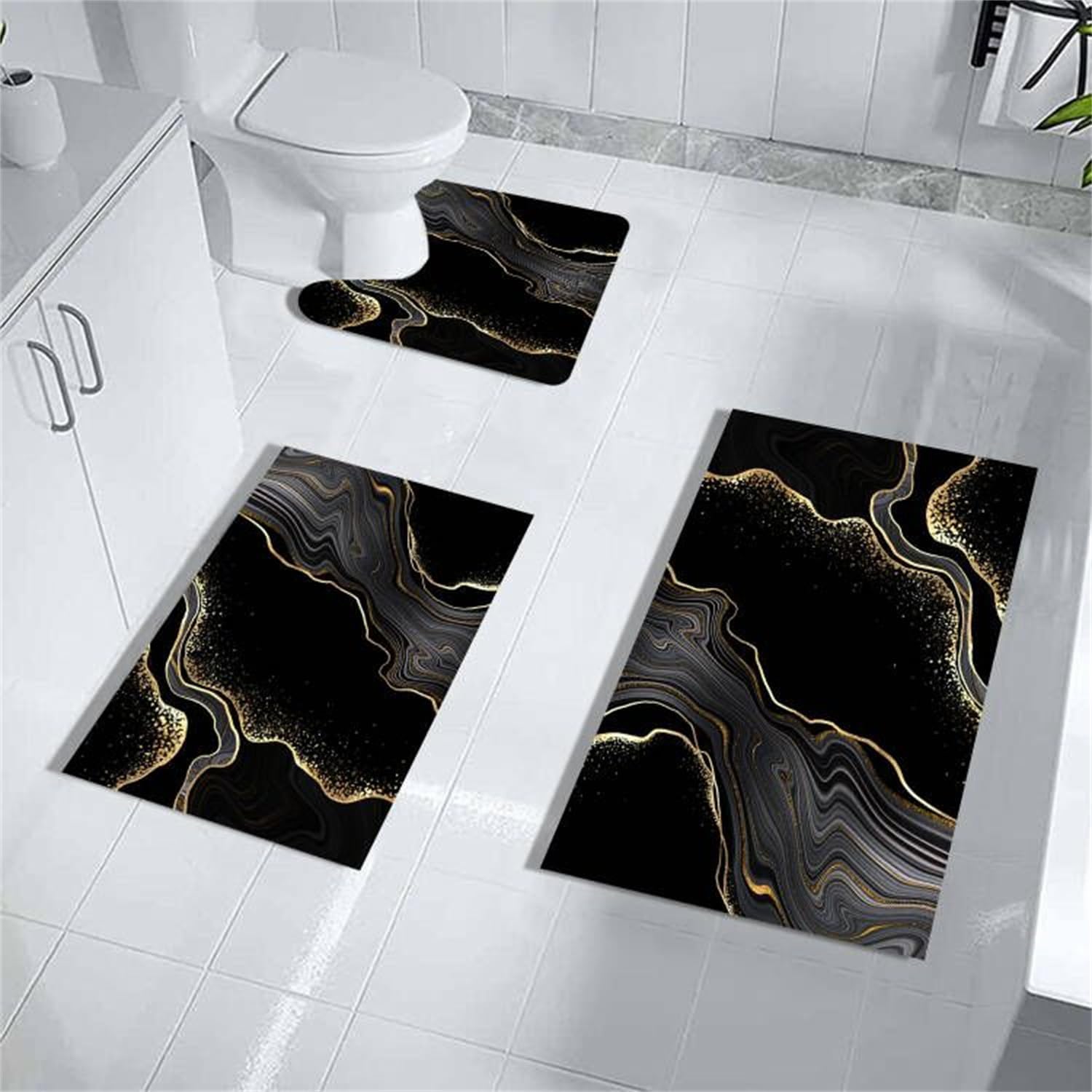 Aldernest Black Gold Bathroom Rugs Sets 3 Piece Abstract Bath Mat Thin Rubber Diatomaceous Earth Quick Dry Rugs Water Absorbent Floor mat with
