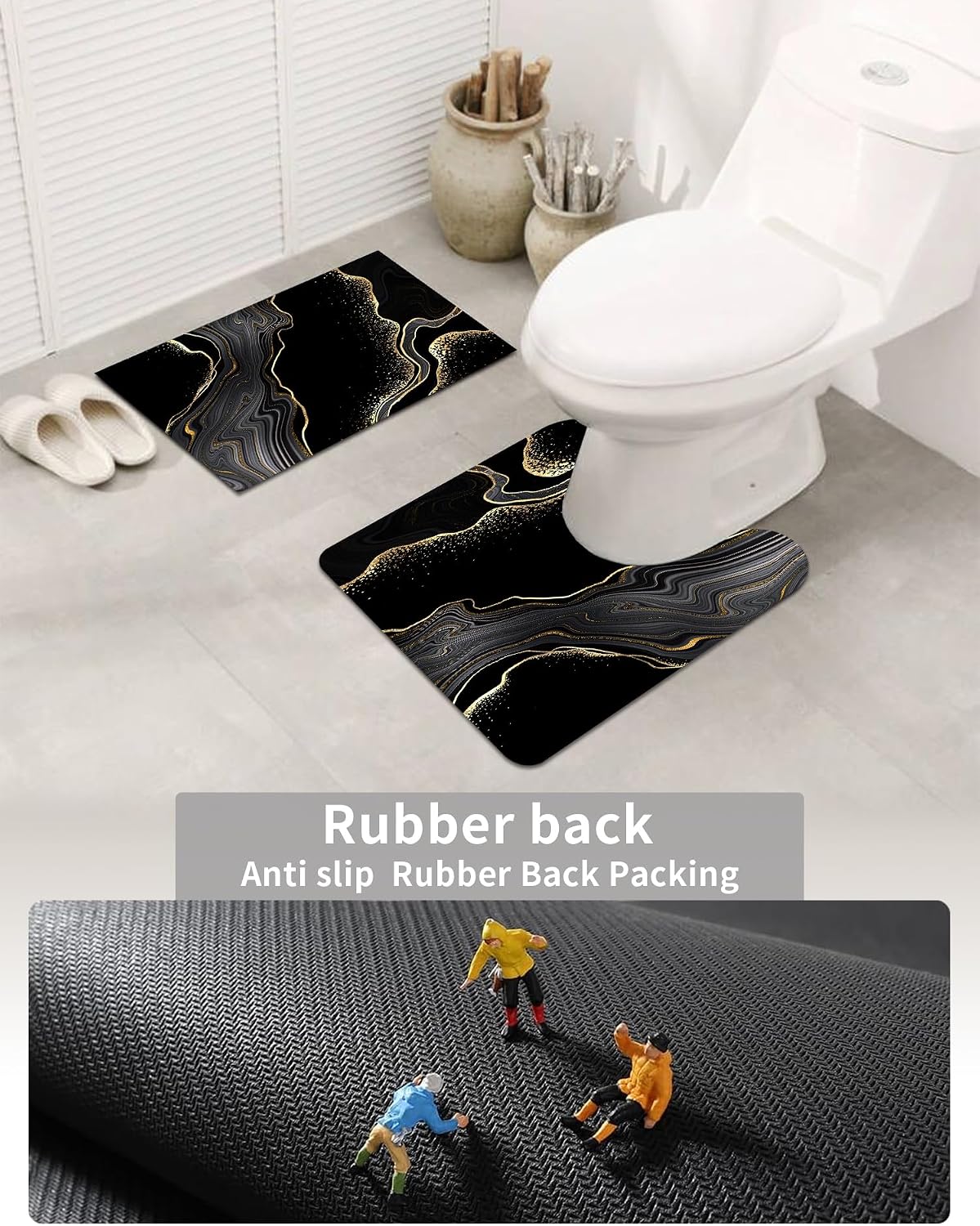 Aldernest Black Gold Bathroom Rugs Sets 3 Piece Abstract Bath Mat Thin Rubber Diatomaceous Earth Quick Dry Rugs Water Absorbent Floor mat with