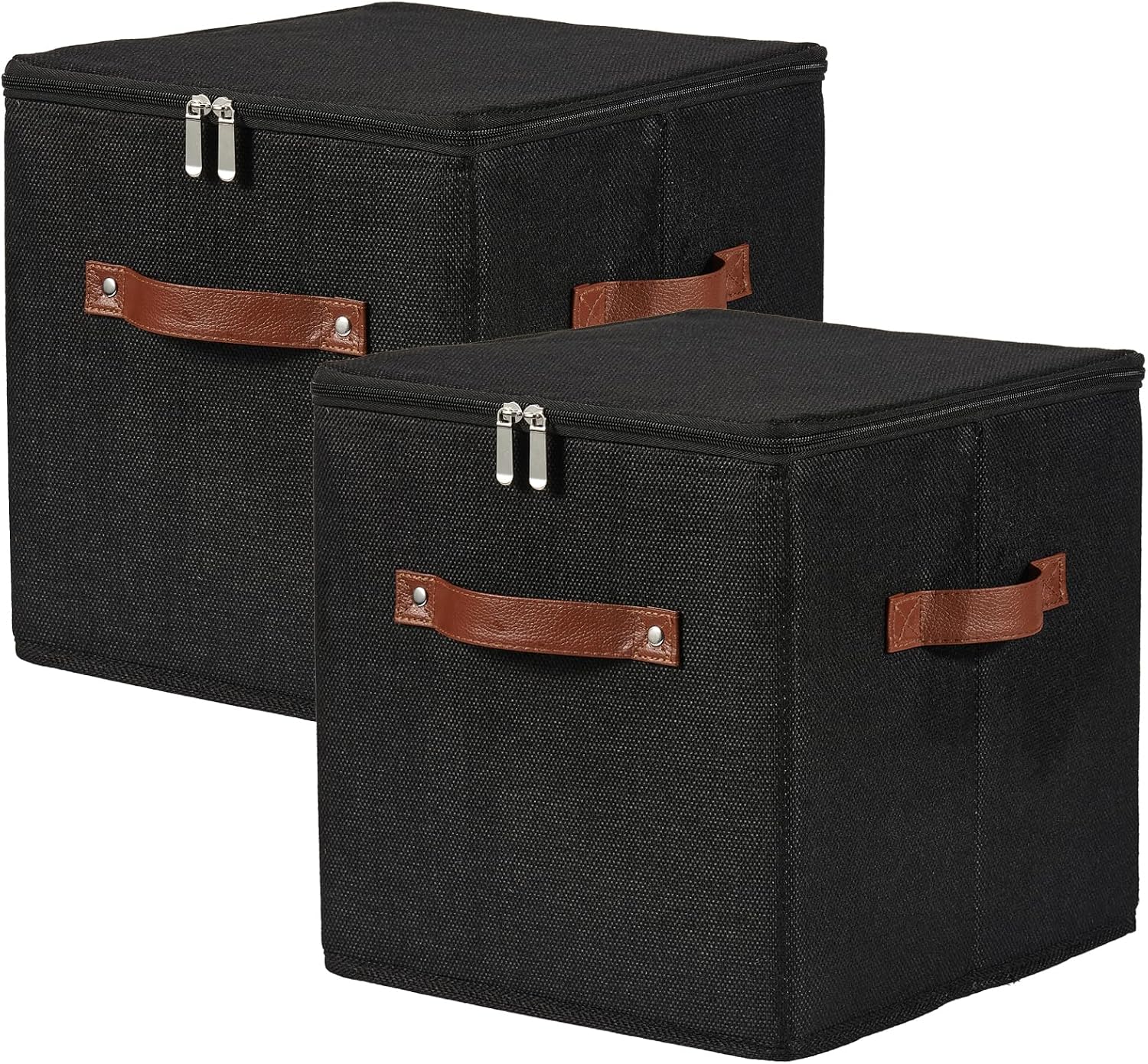 Aldernest 2PCS Storage Cubes with Lids Cotton Linen Fabric Bins Boxes, 0.85 kg, Black ( Zipper Lid )