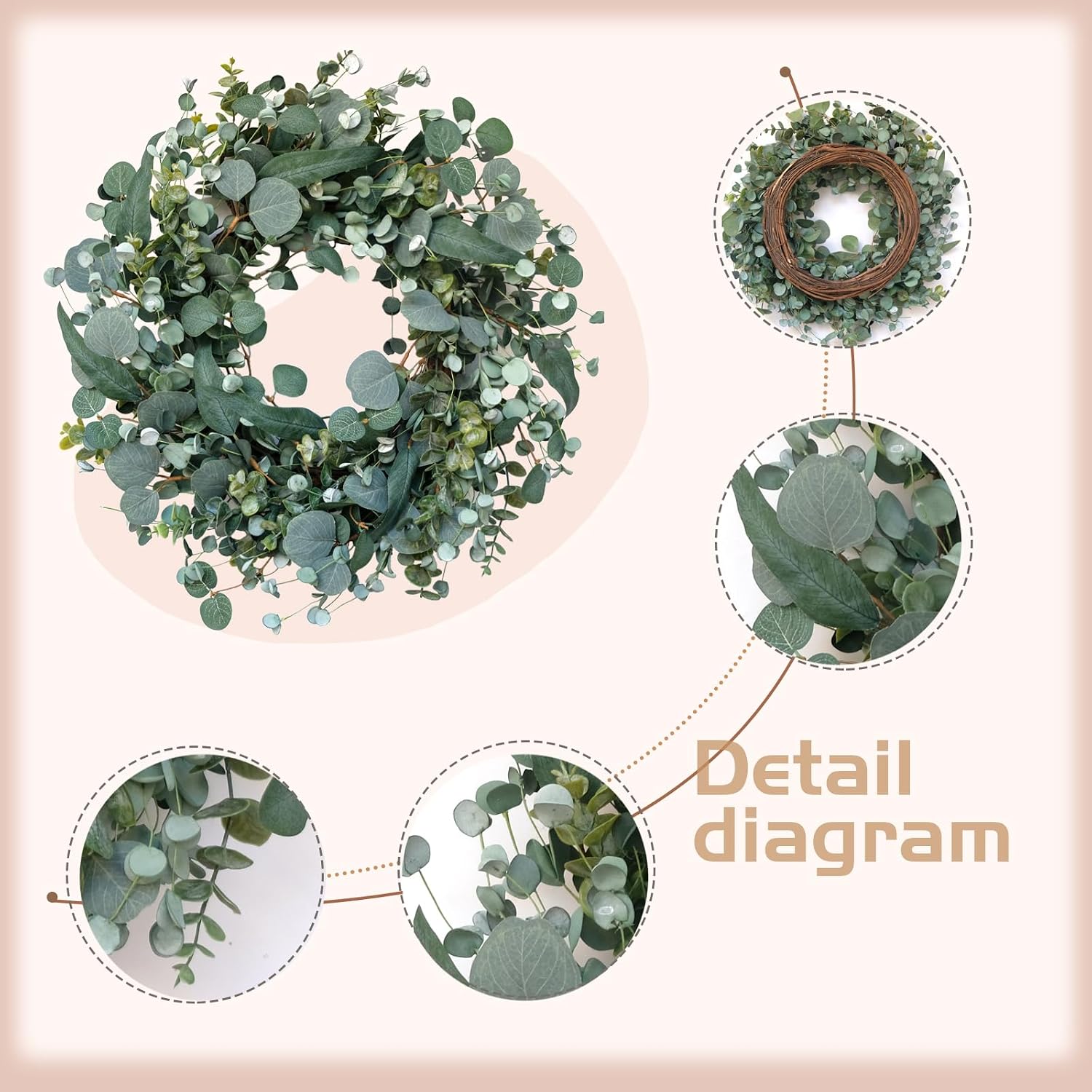 Aldernest 22" Eucalyptus Wreath, Year Round Wreaths for Front Door, 0.63 kg