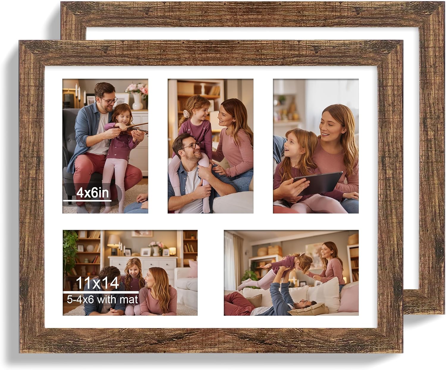 Ashenby 11x14 Picture Frame Set of 2, Collage Five 4x6 with Mat, Real Glass, 11x14 in matted to 5-4x6, Rustic Brown