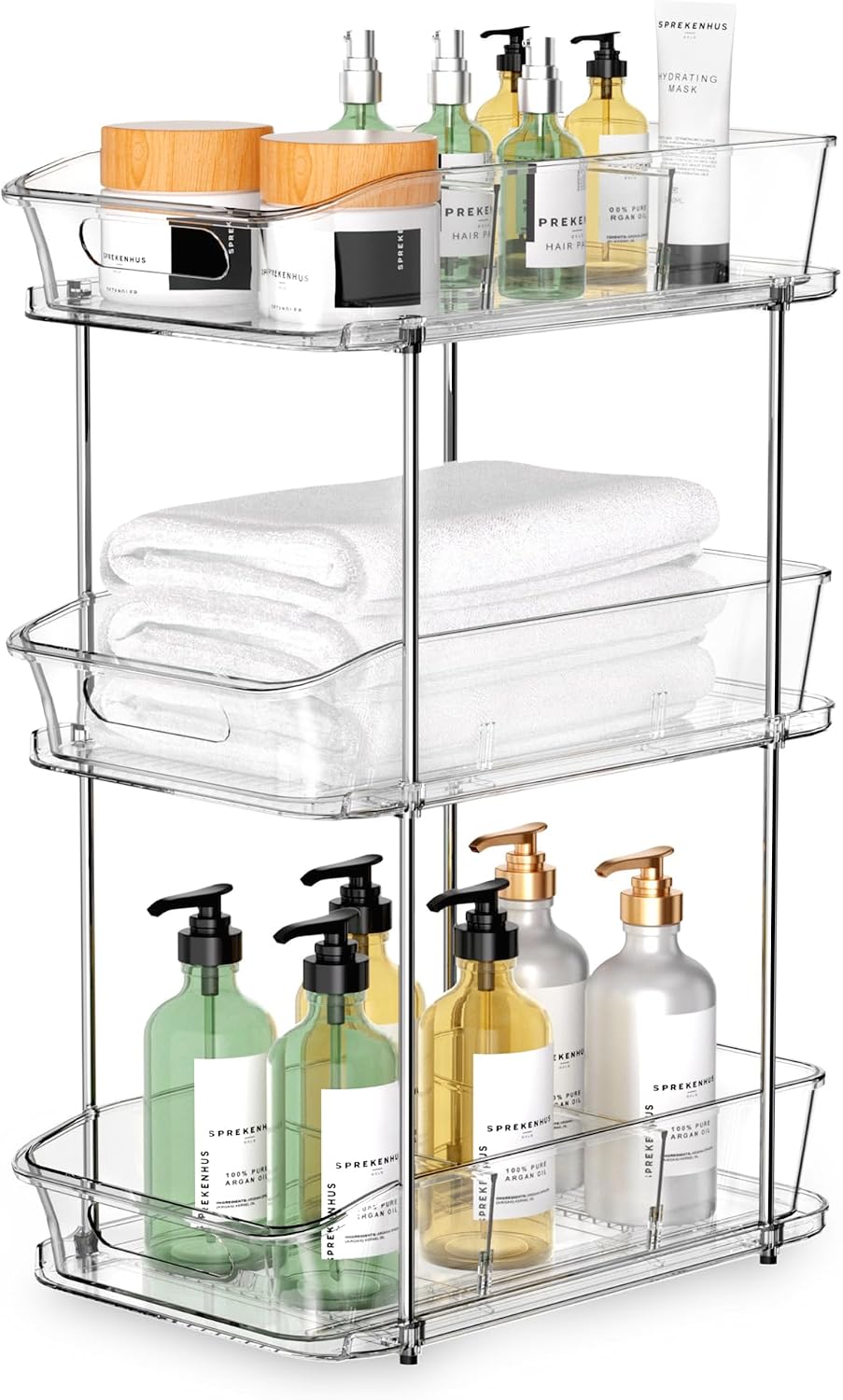 Aldernest 3 Tier Under Sink Organizer and Storage - Multi-Purpose Stackable Pantry Organizer with Pull-Out Clear Bins and Movable Dividers for Kitchen