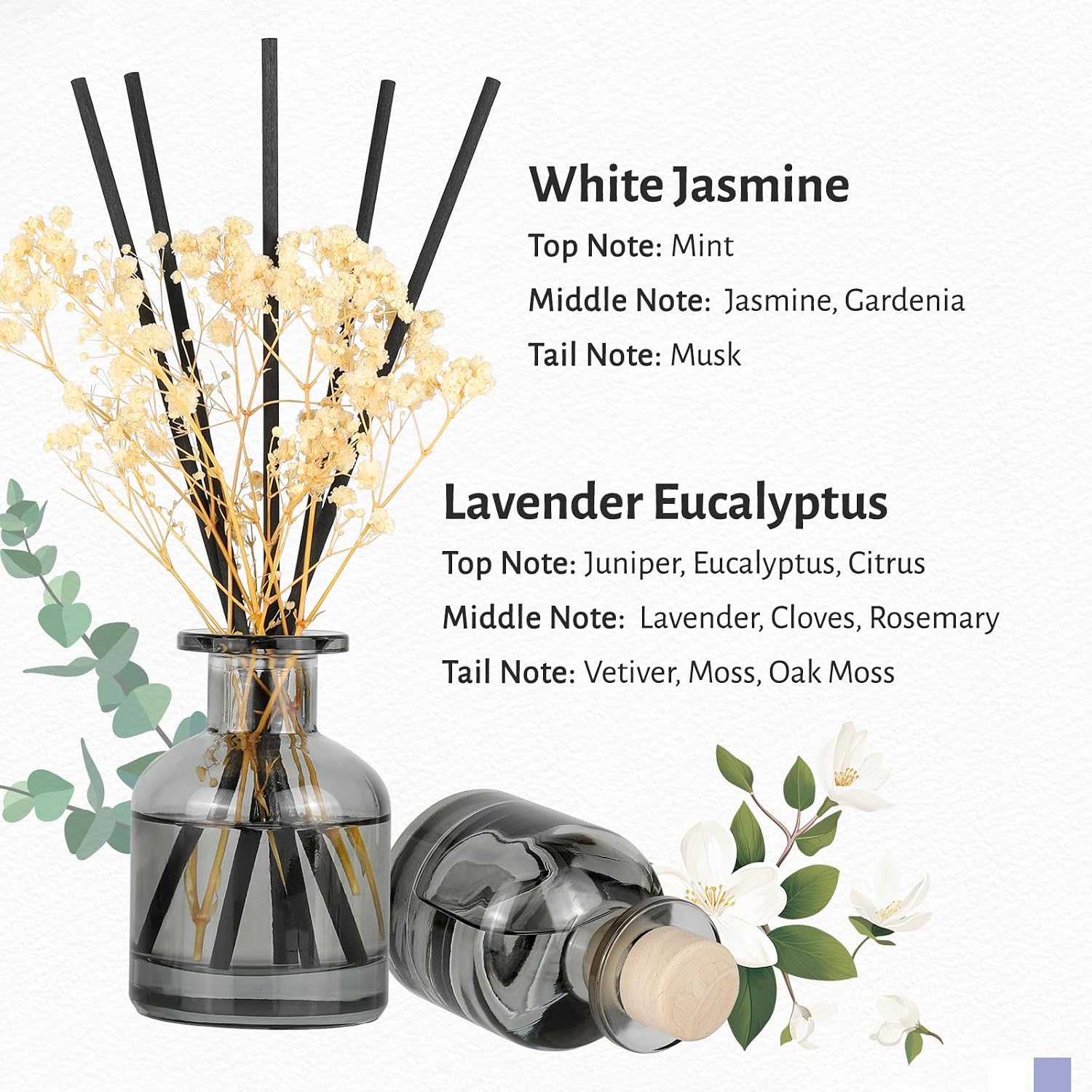 Aldernest 2 Pack Reed Diffuser, White Jasmine+Lavender Eucalyptus, 3.38 fl oz