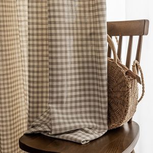 VelloHome Retro Rustic Cotton and Linen Light Filtering Plaid Curtains for Living Room Dining Room,Rop Pocket Semi-Shading Window Curtains Set 2