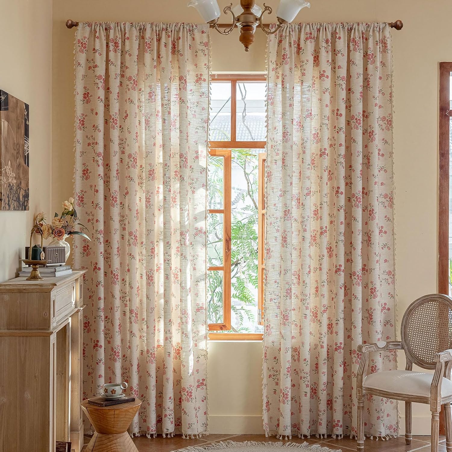 Aldernest Pink Boho Floral Light Filtering Curtains 84 Inch 2 Panels