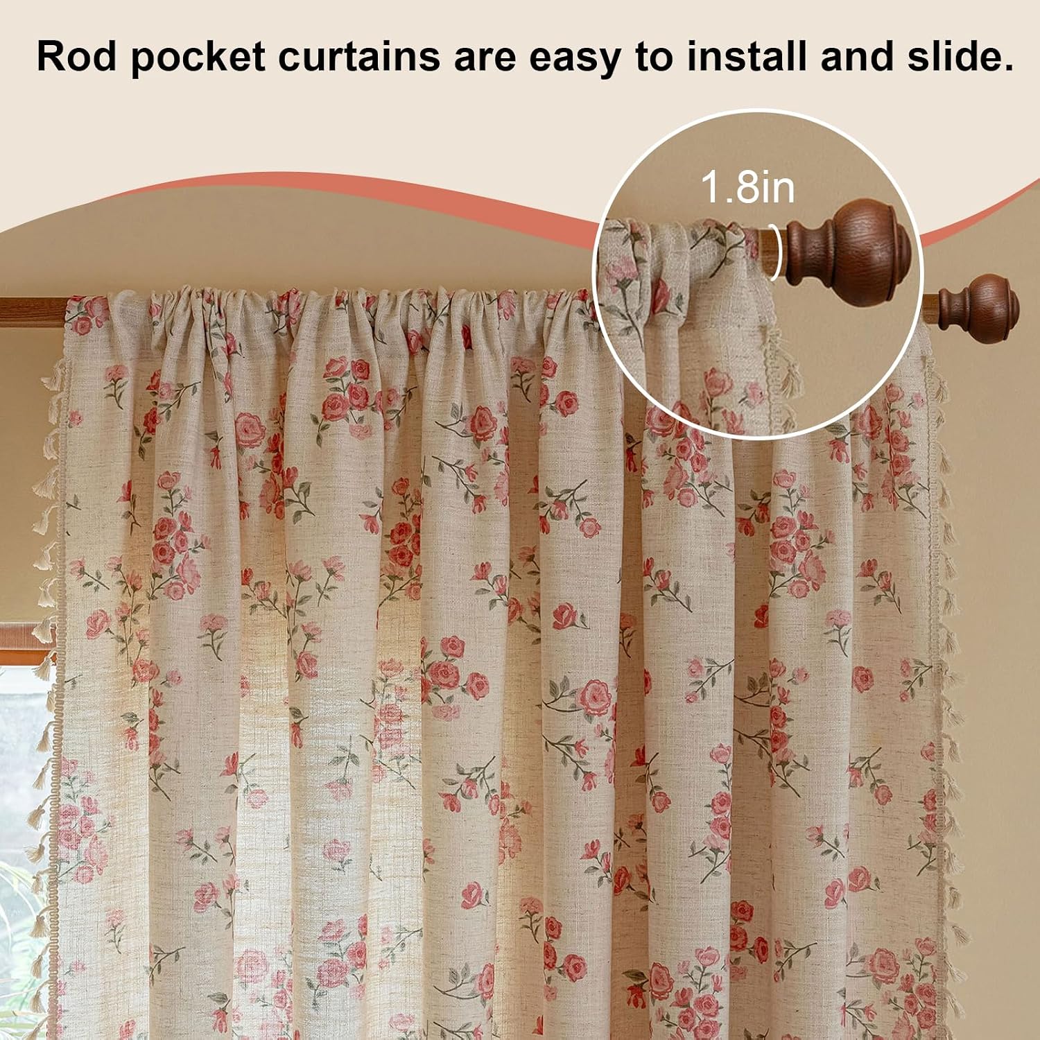 Aldernest Pink Boho Floral Light Filtering Curtains 84 Inch 2 Panels