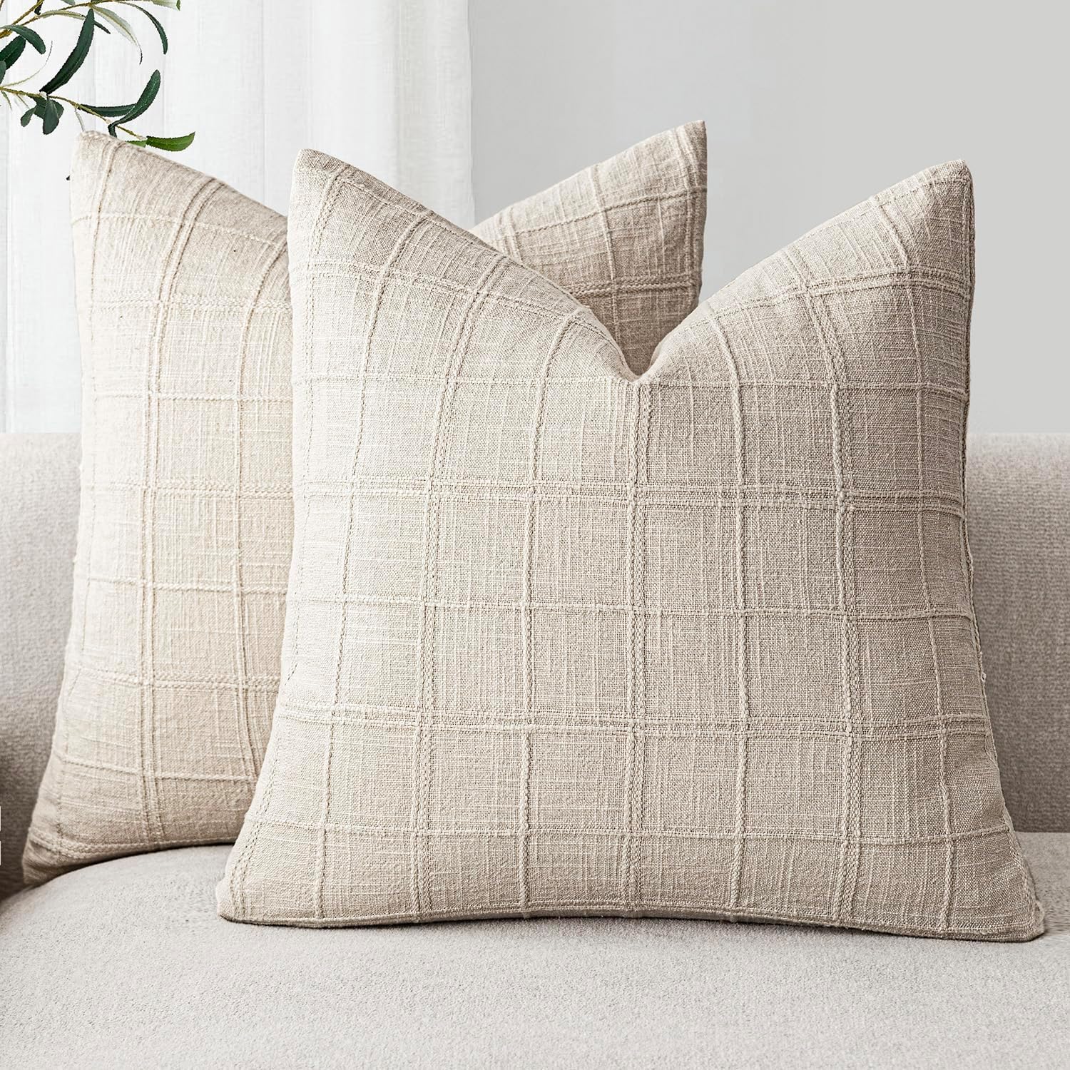 VelloHome Linen Check Decorative Throw Pillow Covers 20×20 Natural Beige