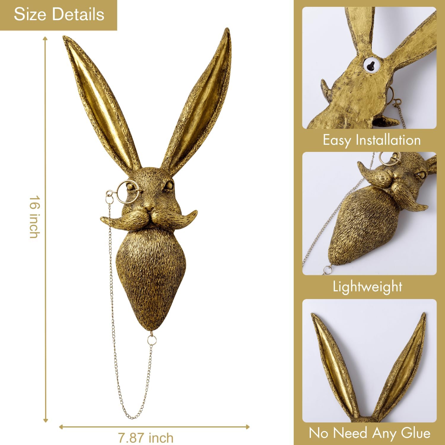 NestlyCo Animal Head Wall Art Sculptures PU Foam Material 16 inchs Gold Rabbit Wall Decor Art for Whimsigoth Home Wall Decor Lightweight Accent Wall